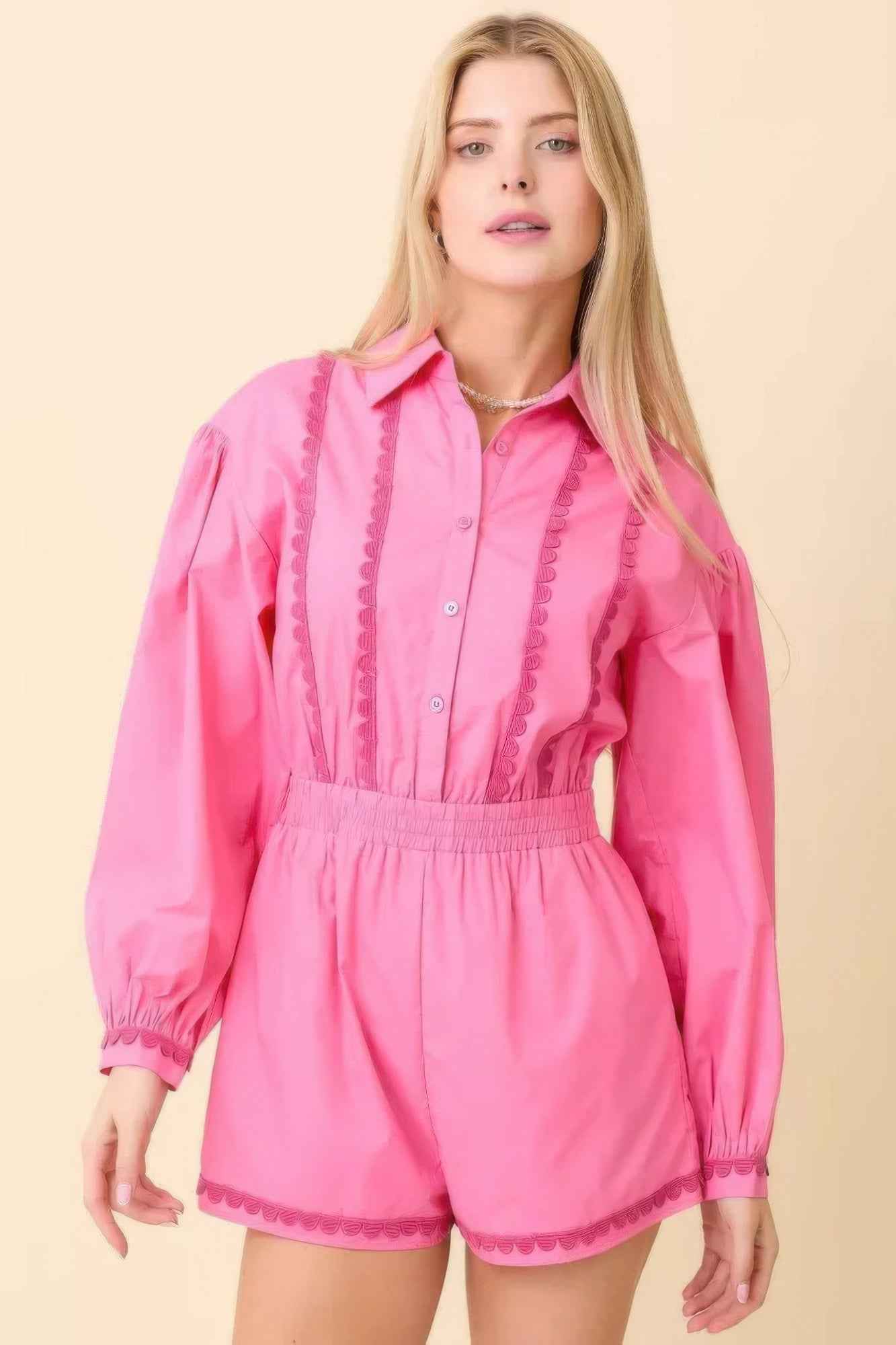 Long Sleeve Romper With Contrasting Scallop Lace Long Sleeve Romper With Contrasting Scallop Lace