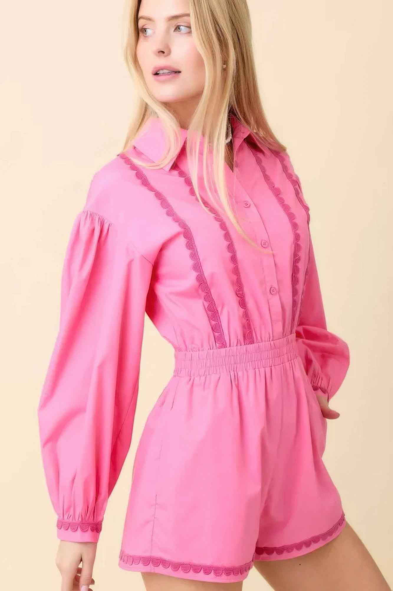 Long Sleeve Romper With Contrasting Scallop Lace Long Sleeve Romper With Contrasting Scallop Lace