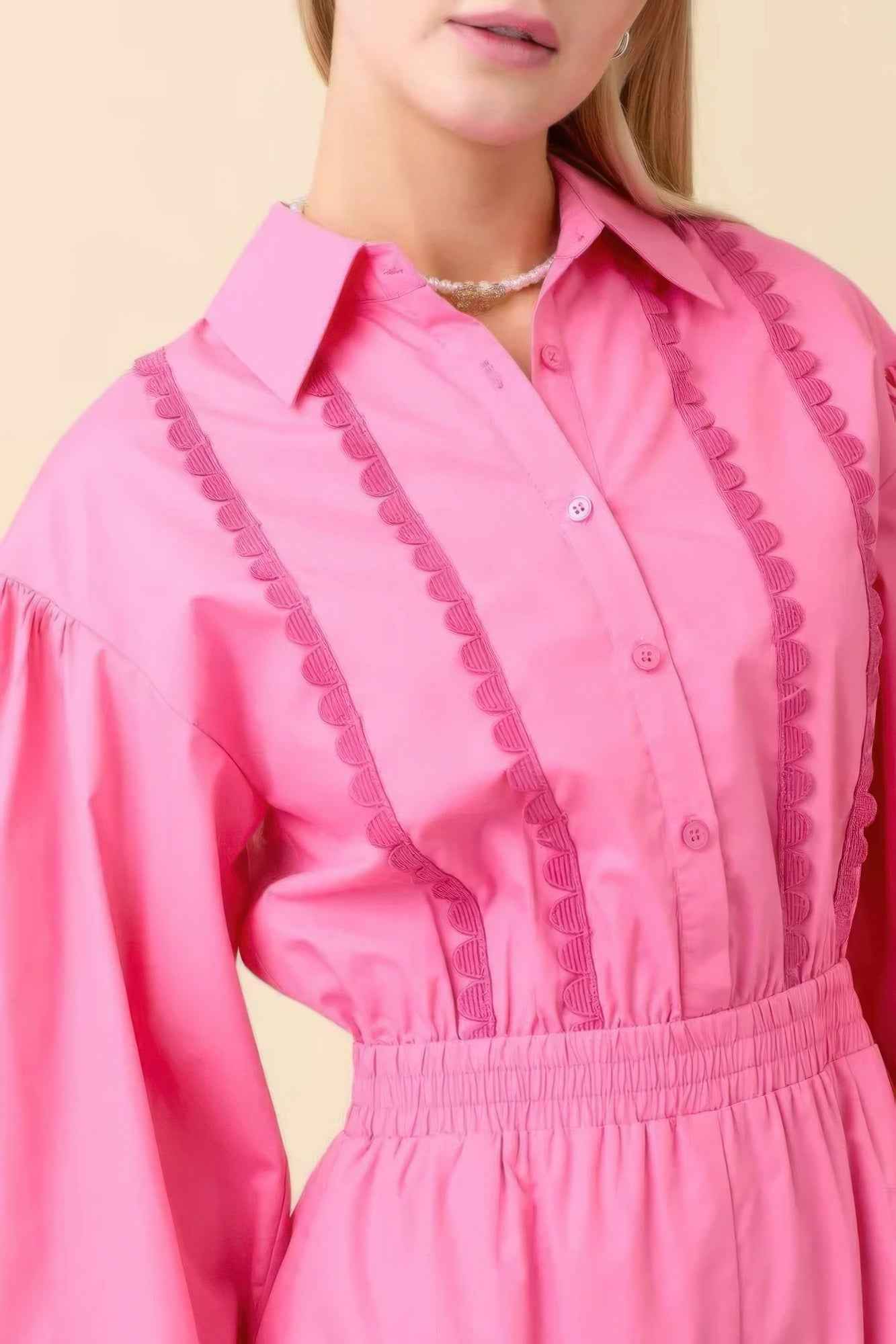 Long Sleeve Romper With Contrasting Scallop Lace Long Sleeve Romper With Contrasting Scallop Lace