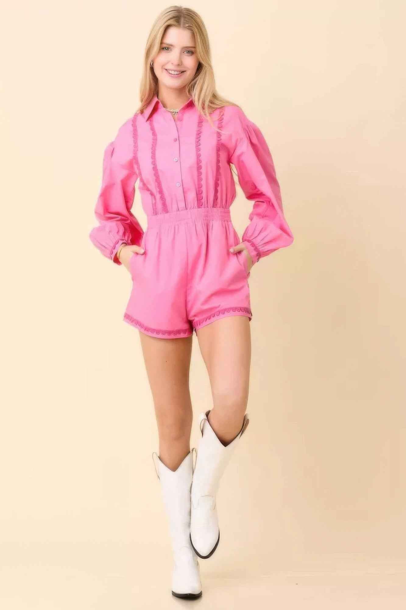 Long Sleeve Romper With Contrasting Scallop Lace Long Sleeve Romper With Contrasting Scallop Lace
