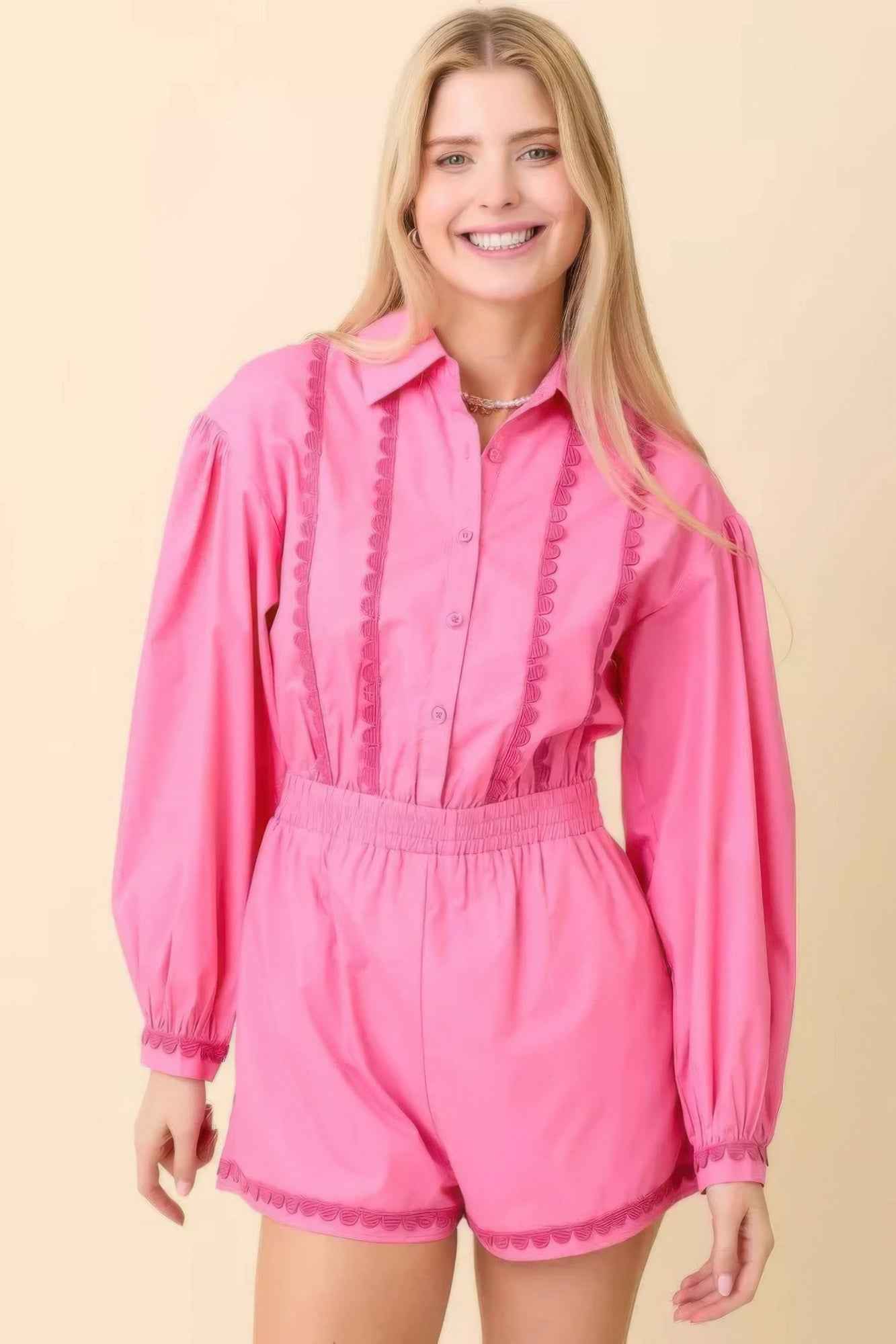 Long Sleeve Romper With Contrasting Scallop Lace Long Sleeve Romper With Contrasting Scallop Lace