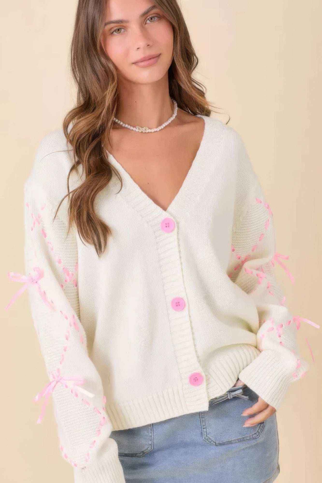 Hand Sewn Satin Ribbon Detail On Sleeve Cardigan product image