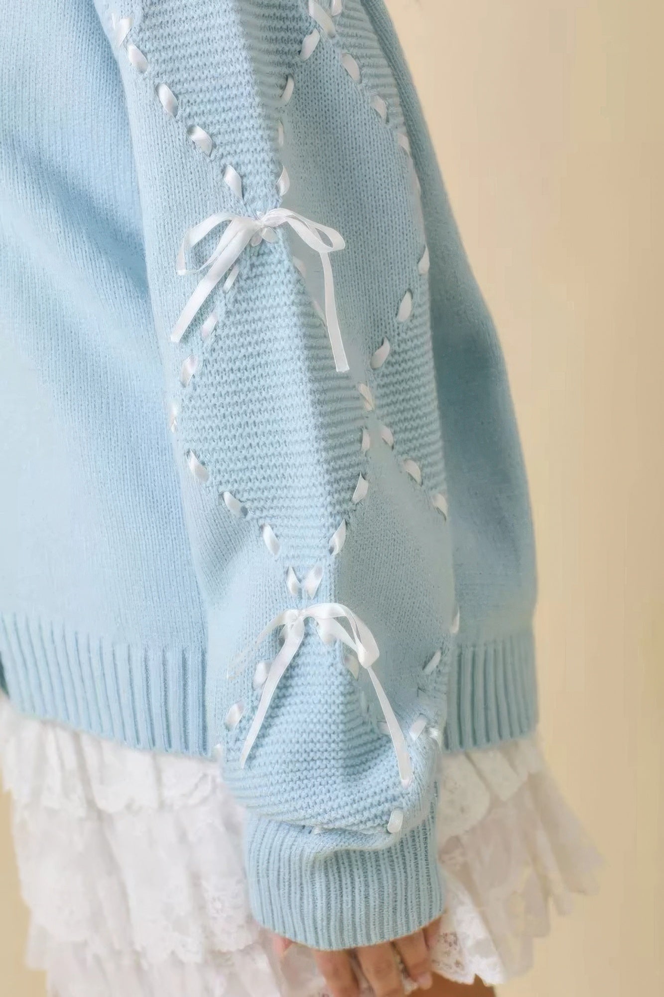 Hand Sewn Satin Ribbon Detail On Sleeve Cardigan product image