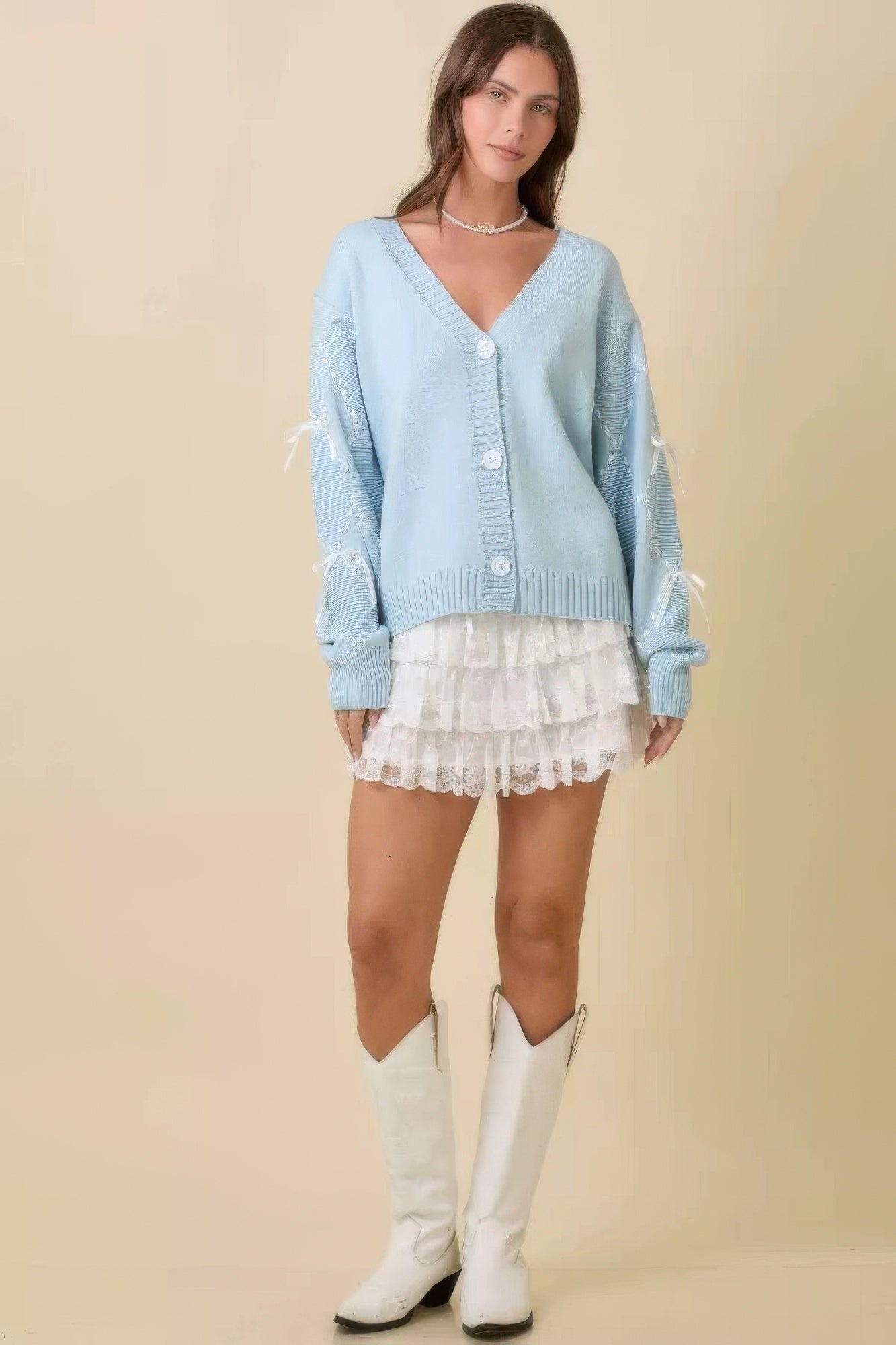 Hand Sewn Satin Ribbon Detail On Sleeve Cardigan product image