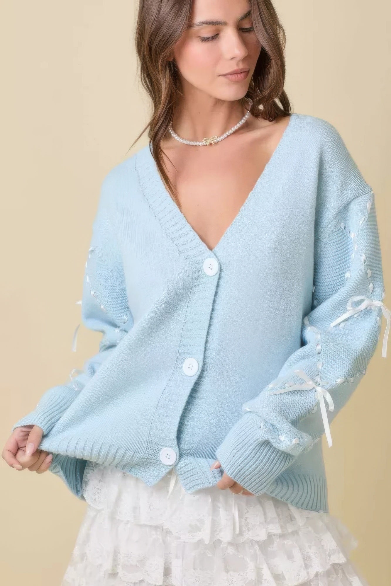 Hand Sewn Satin Ribbon Detail On Sleeve Cardigan product image