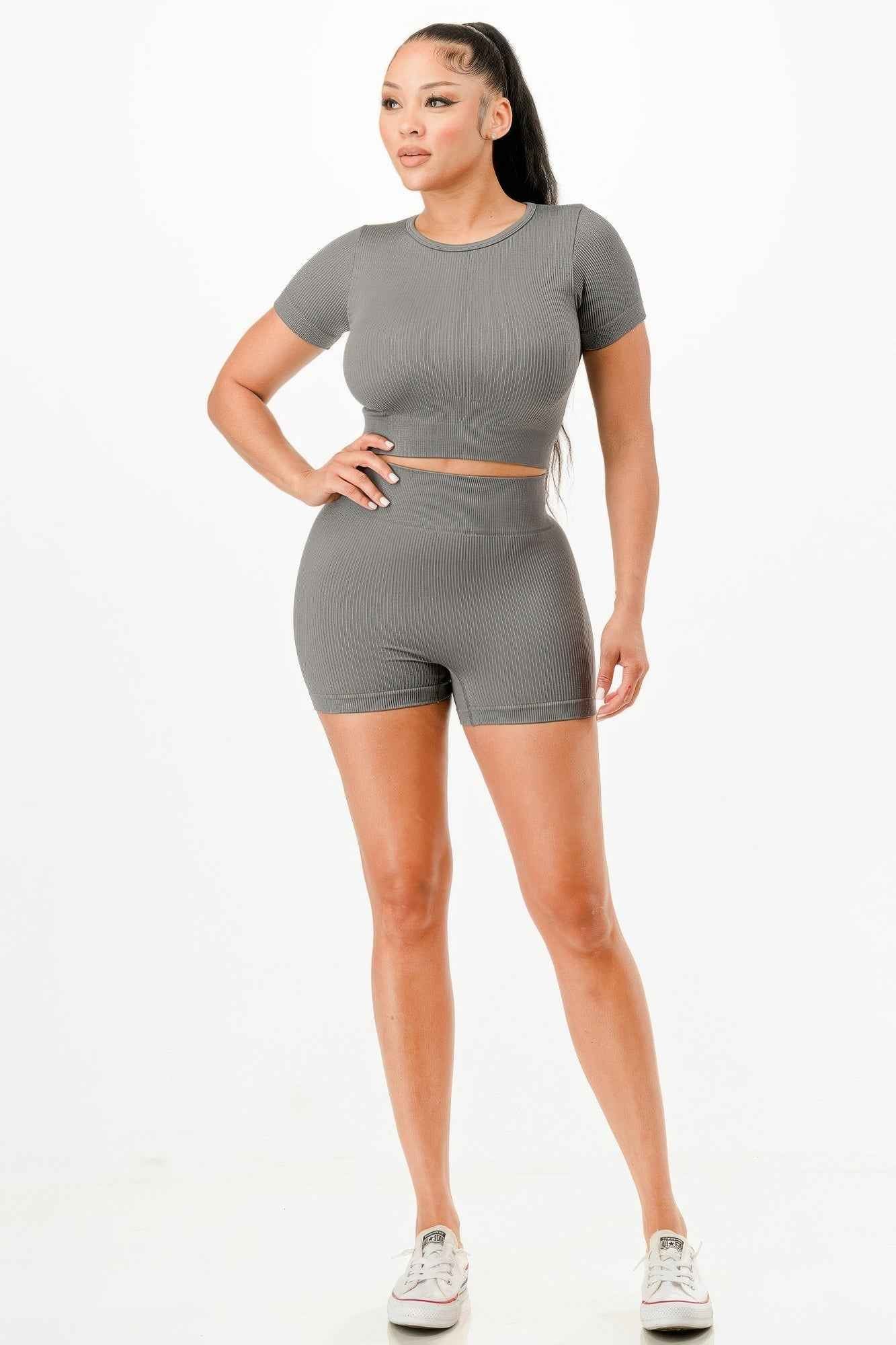 Ribbed Seamless T-shirt And Bike Shorts Set Ribbed Seamless T-shirt And Bike Shorts Set