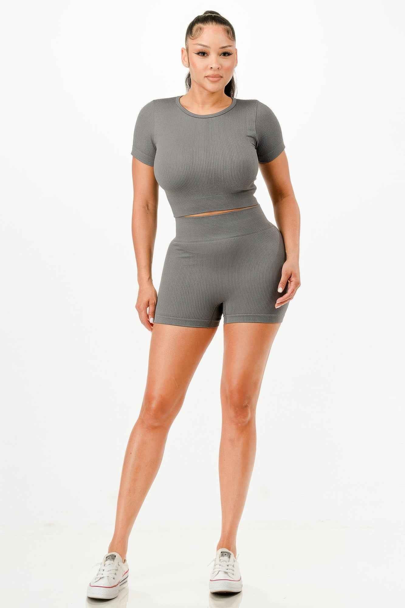 Ribbed Seamless T-shirt And Bike Shorts Set Ribbed Seamless T-shirt And Bike Shorts Set