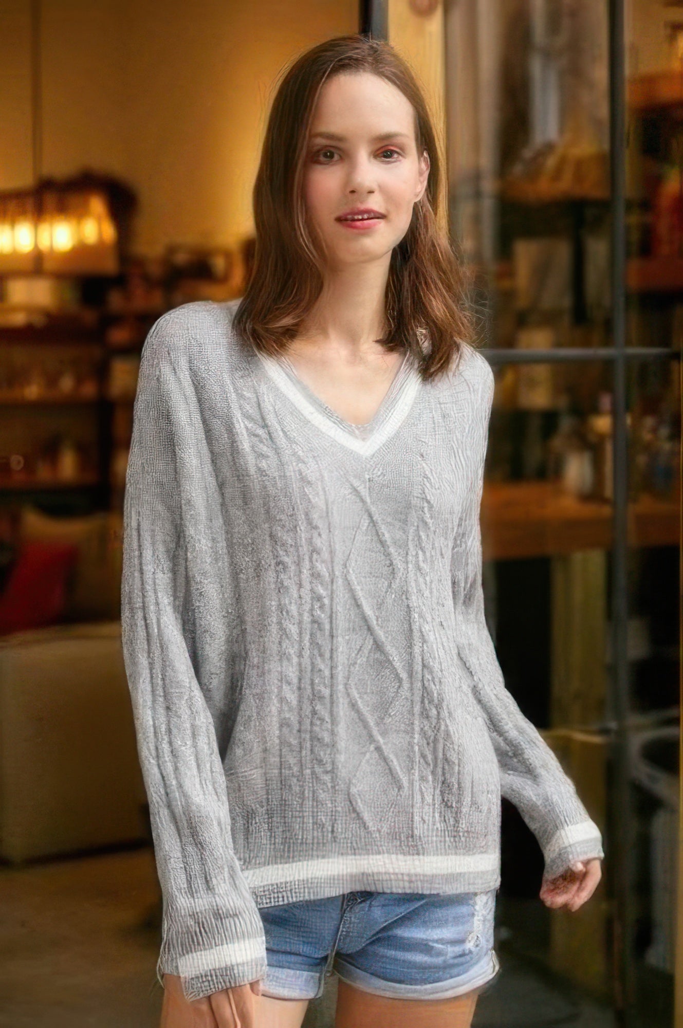 Braid Knit V Neck Sweater product image