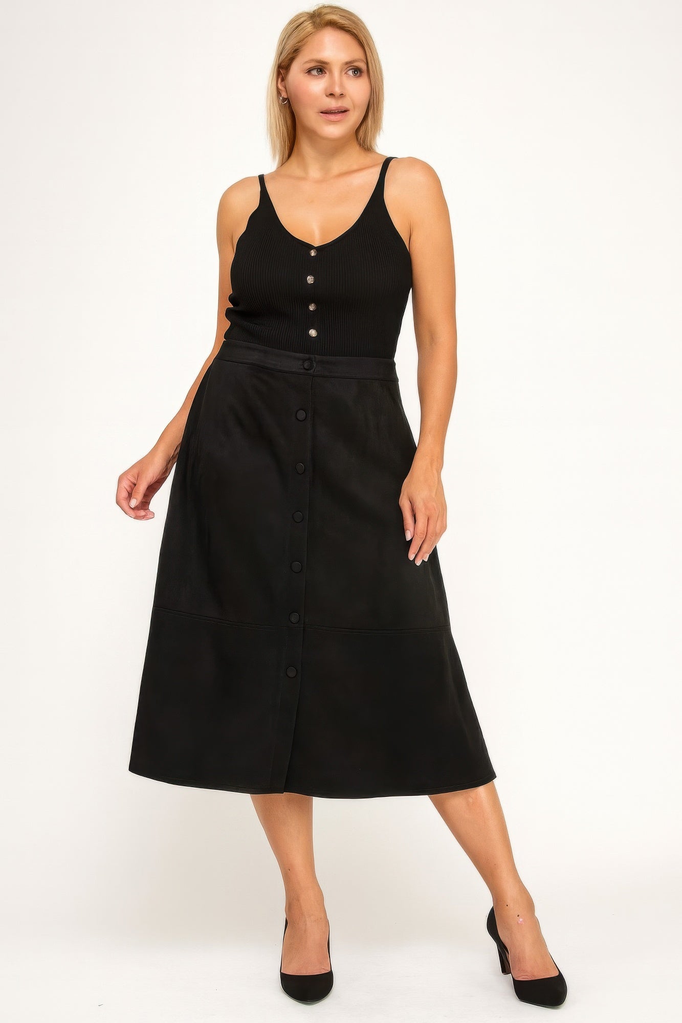 Plus Size Button-front Faux Suede Aline Midi Skirt product image