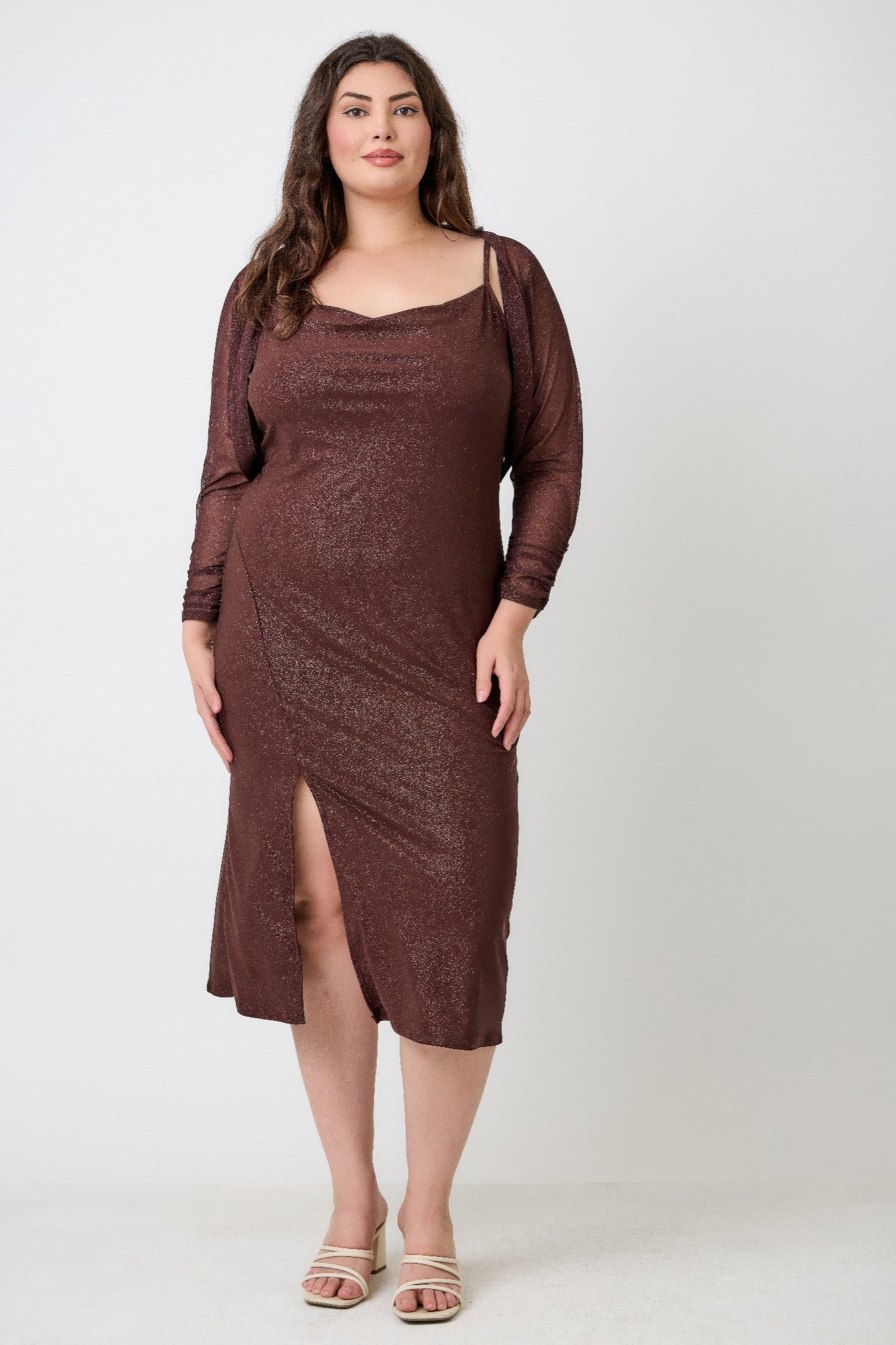 Plus Shimmer Midi Dress With Front Slit Dress Only product image