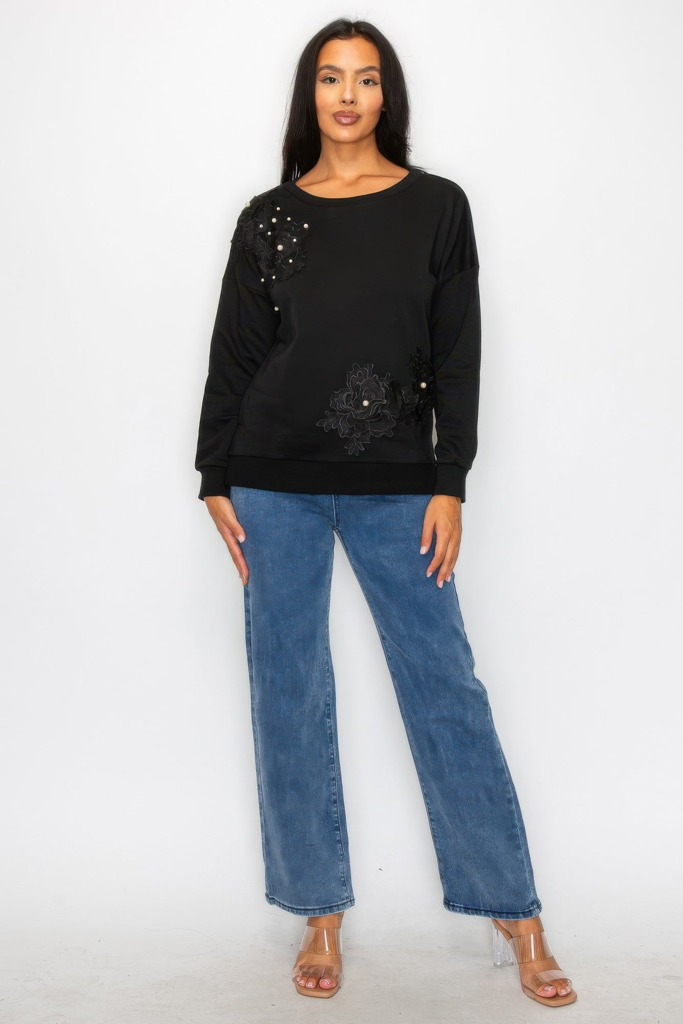 Faux Pearl Beaded Floral Patch Crewneck Sweatshirt product image