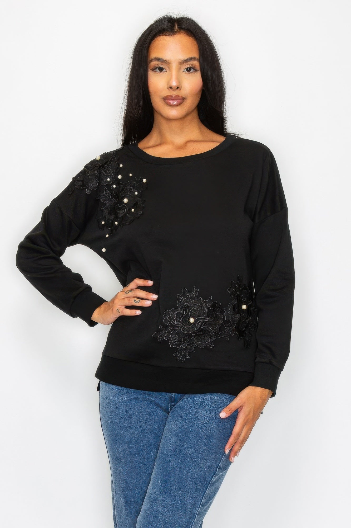 Faux Pearl Beaded Floral Patch Crewneck Sweatshirt product image