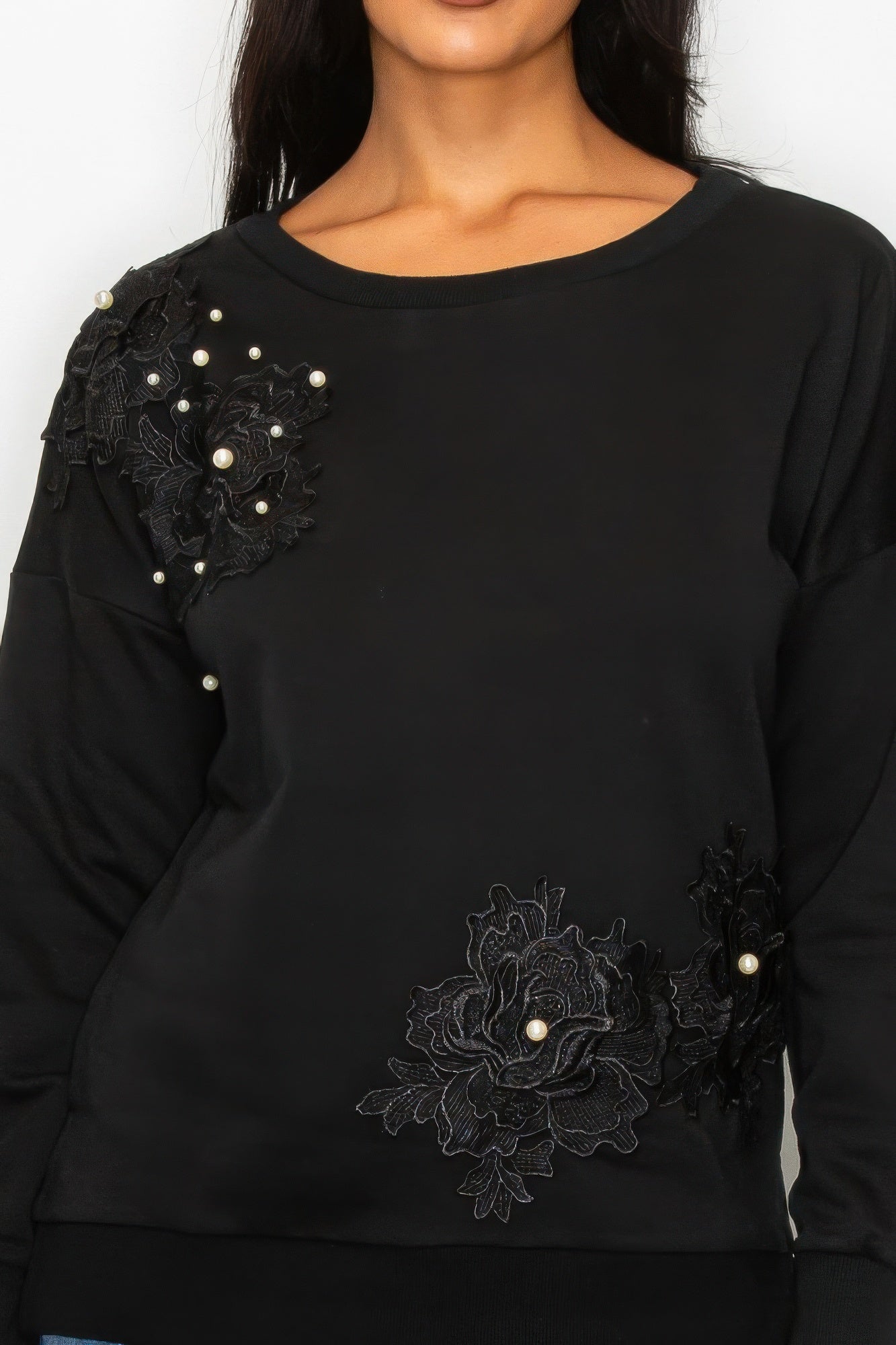Faux Pearl Beaded Floral Patch Crewneck Sweatshirt product image