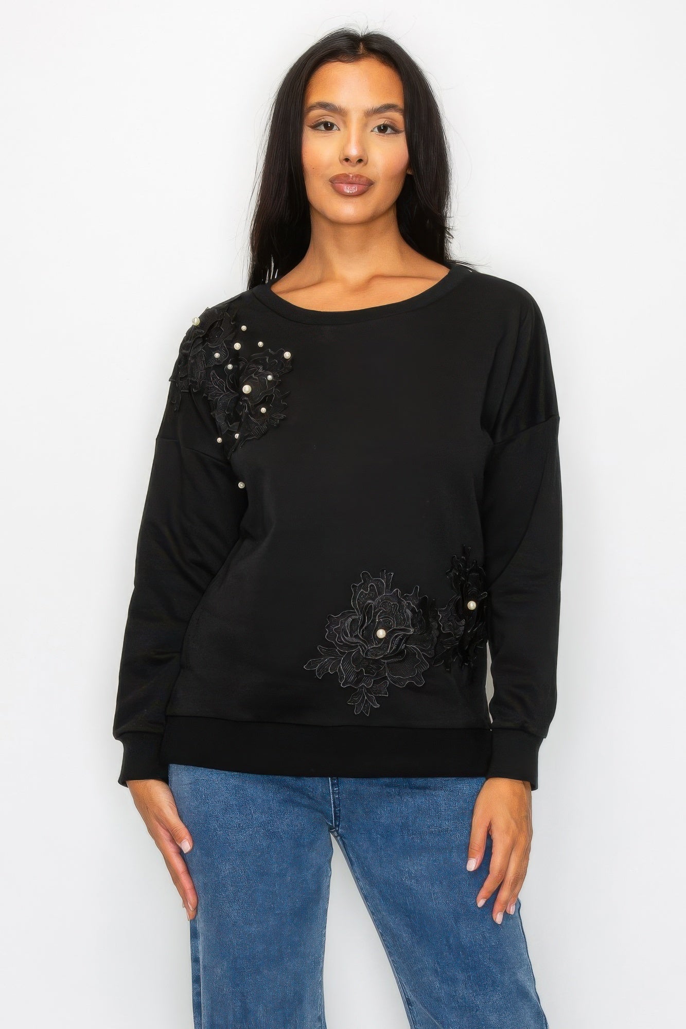 Faux Pearl Beaded Floral Patch Crewneck Sweatshirt product image