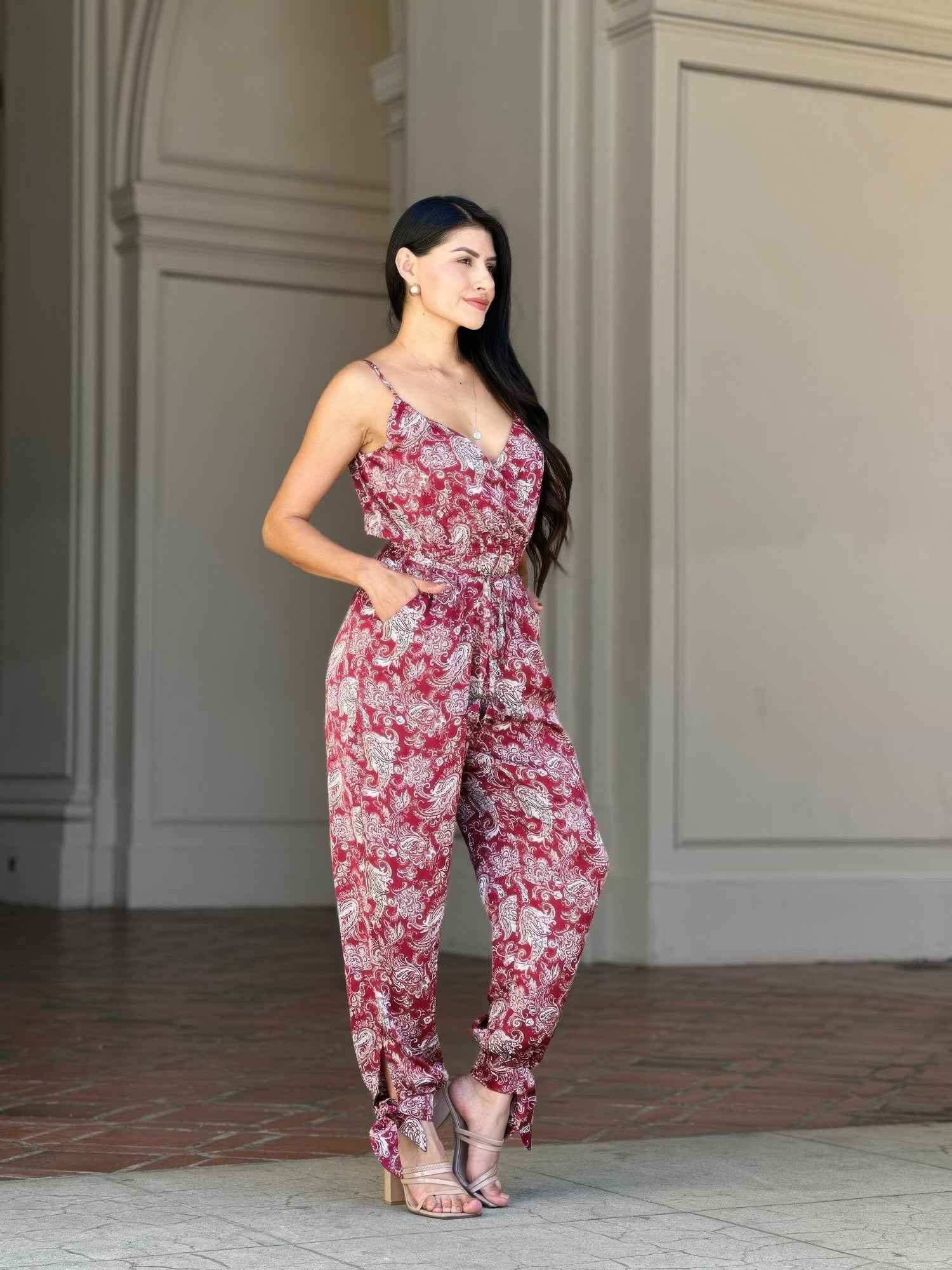 V Neck Sleeveless Paisley Jumpsuit With Tie Waist V Neck Sleeveless Paisley Jumpsuit With Tie Waist