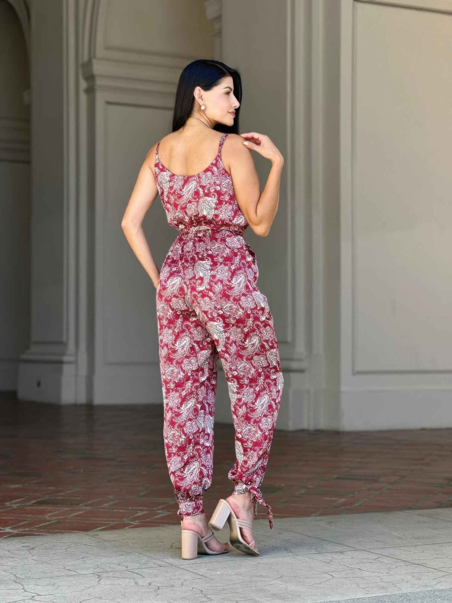 V Neck Sleeveless Paisley Jumpsuit With Tie Waist V Neck Sleeveless Paisley Jumpsuit With Tie Waist