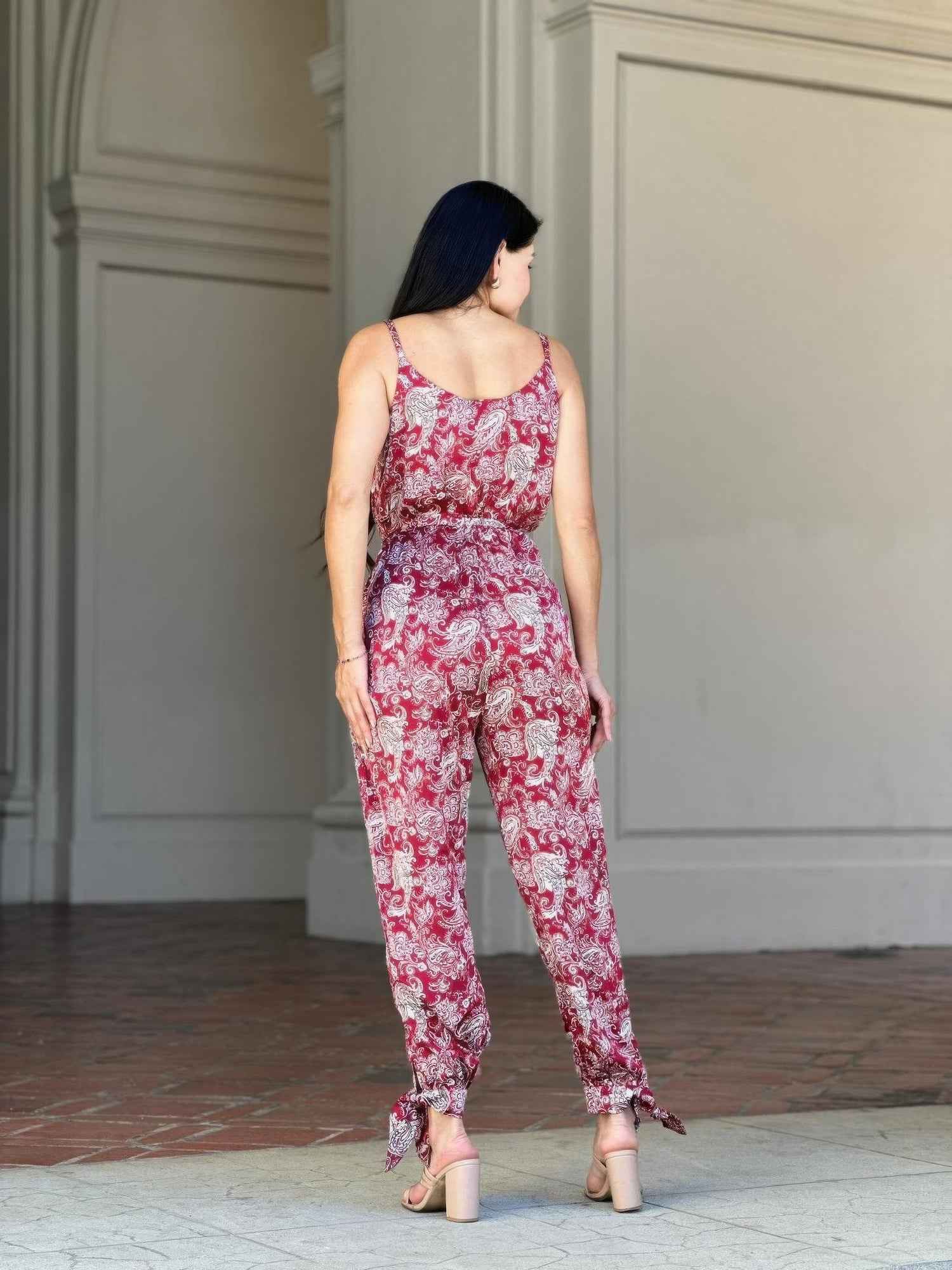 V Neck Sleeveless Paisley Jumpsuit With Tie Waist V Neck Sleeveless Paisley Jumpsuit With Tie Waist