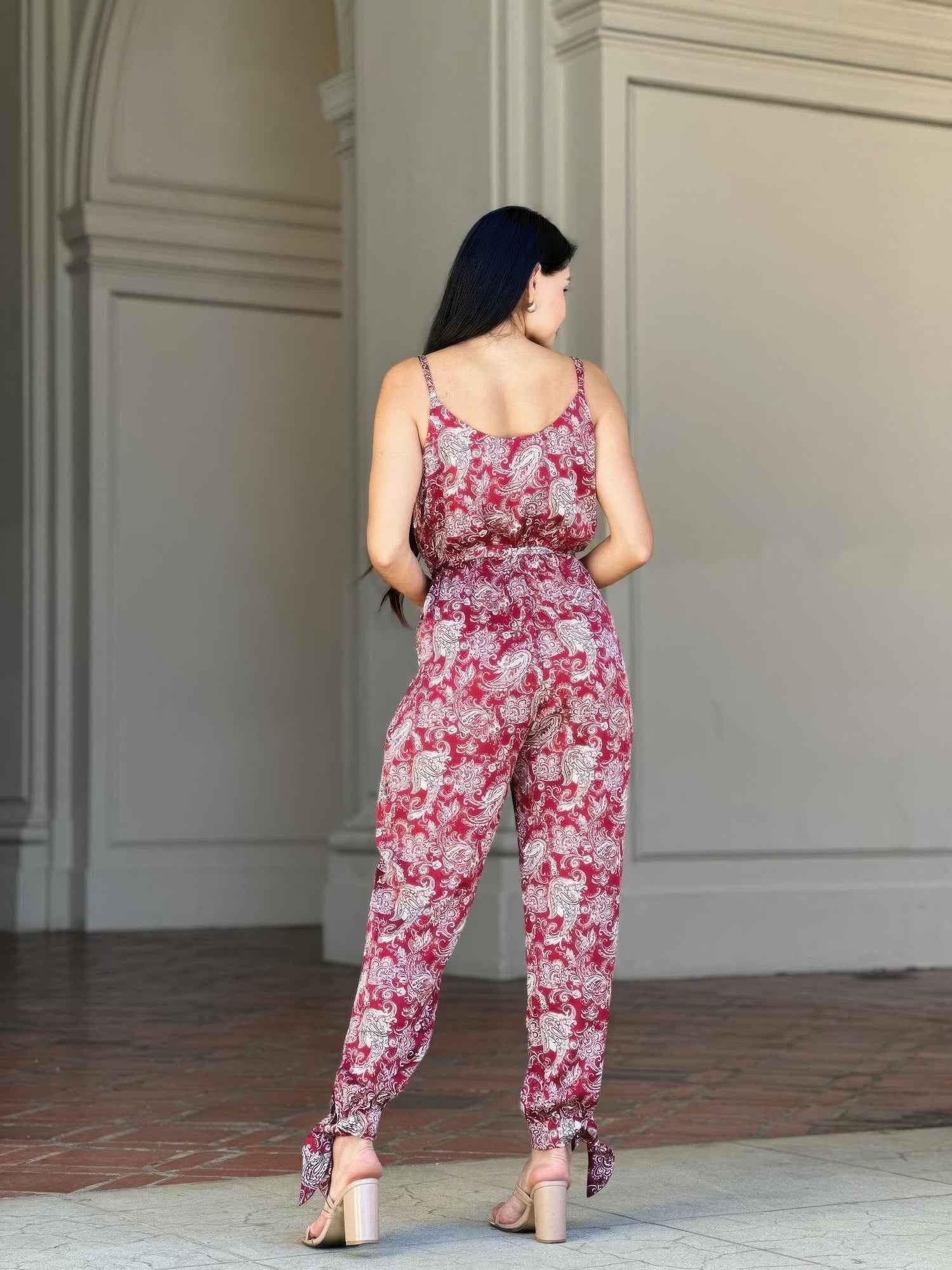 V Neck Sleeveless Paisley Jumpsuit With Tie Waist V Neck Sleeveless Paisley Jumpsuit With Tie Waist