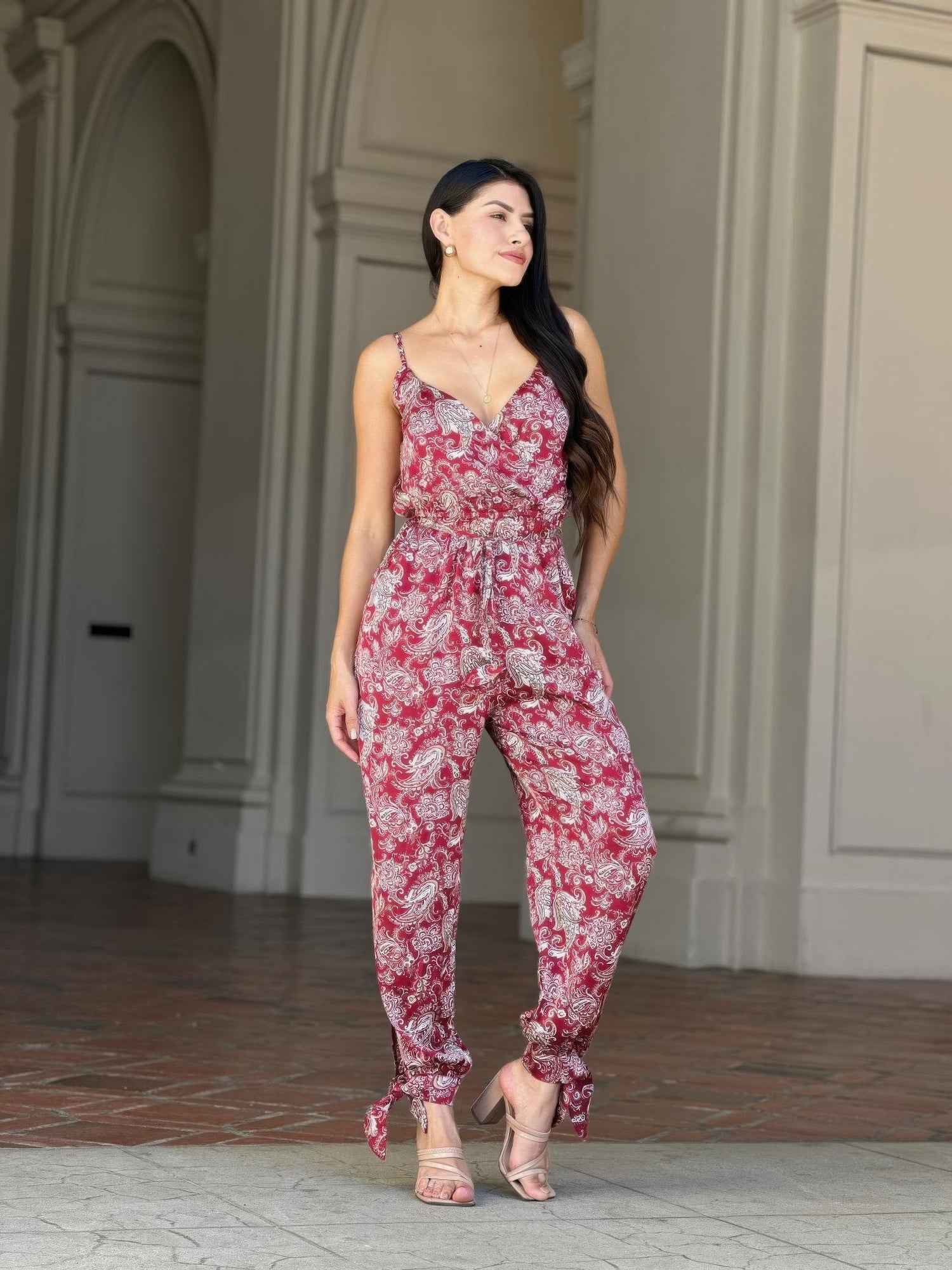 V Neck Sleeveless Paisley Jumpsuit With Tie Waist V Neck Sleeveless Paisley Jumpsuit With Tie Waist