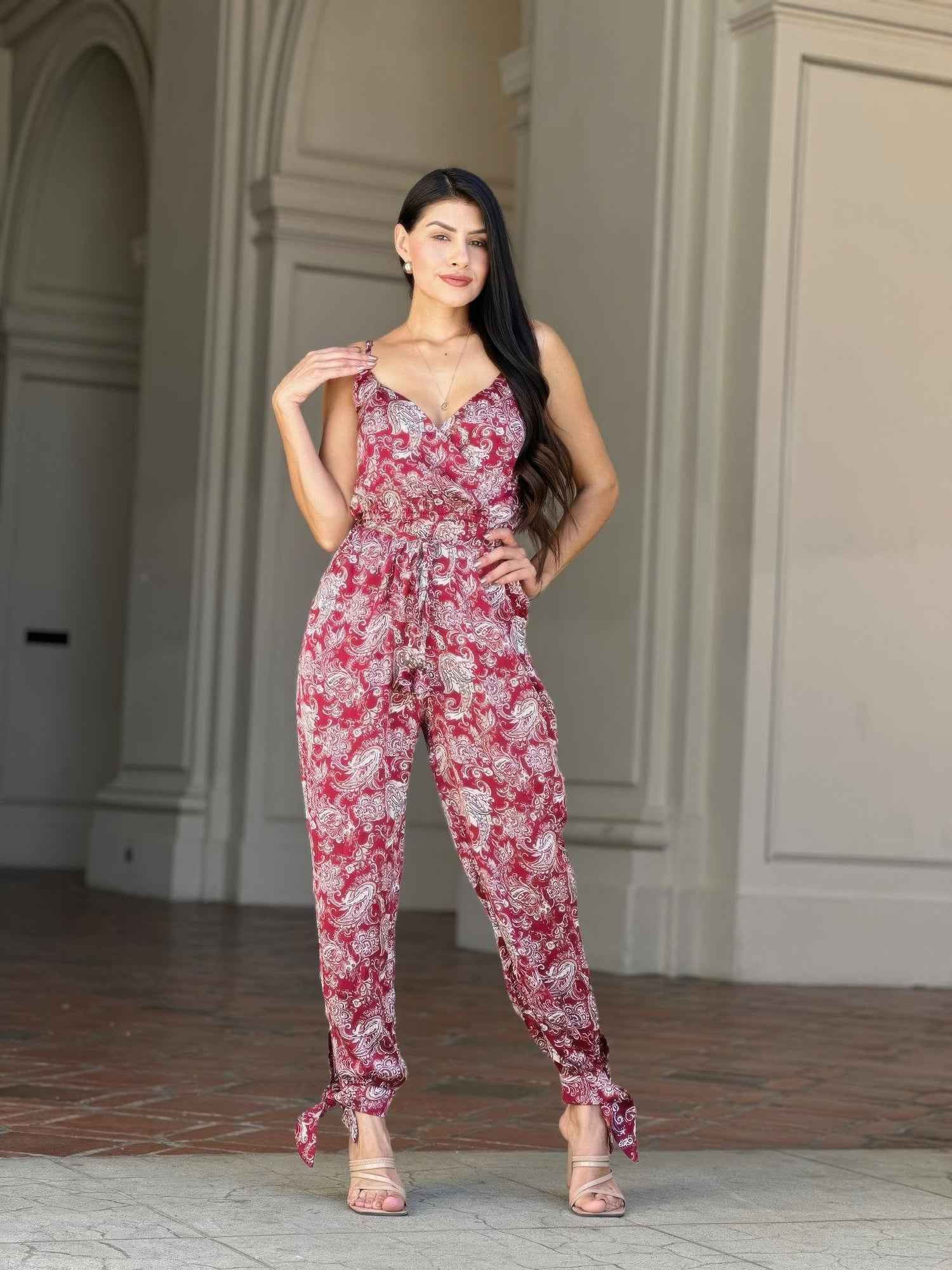 V Neck Sleeveless Paisley Jumpsuit With Tie Waist V Neck Sleeveless Paisley Jumpsuit With Tie Waist
