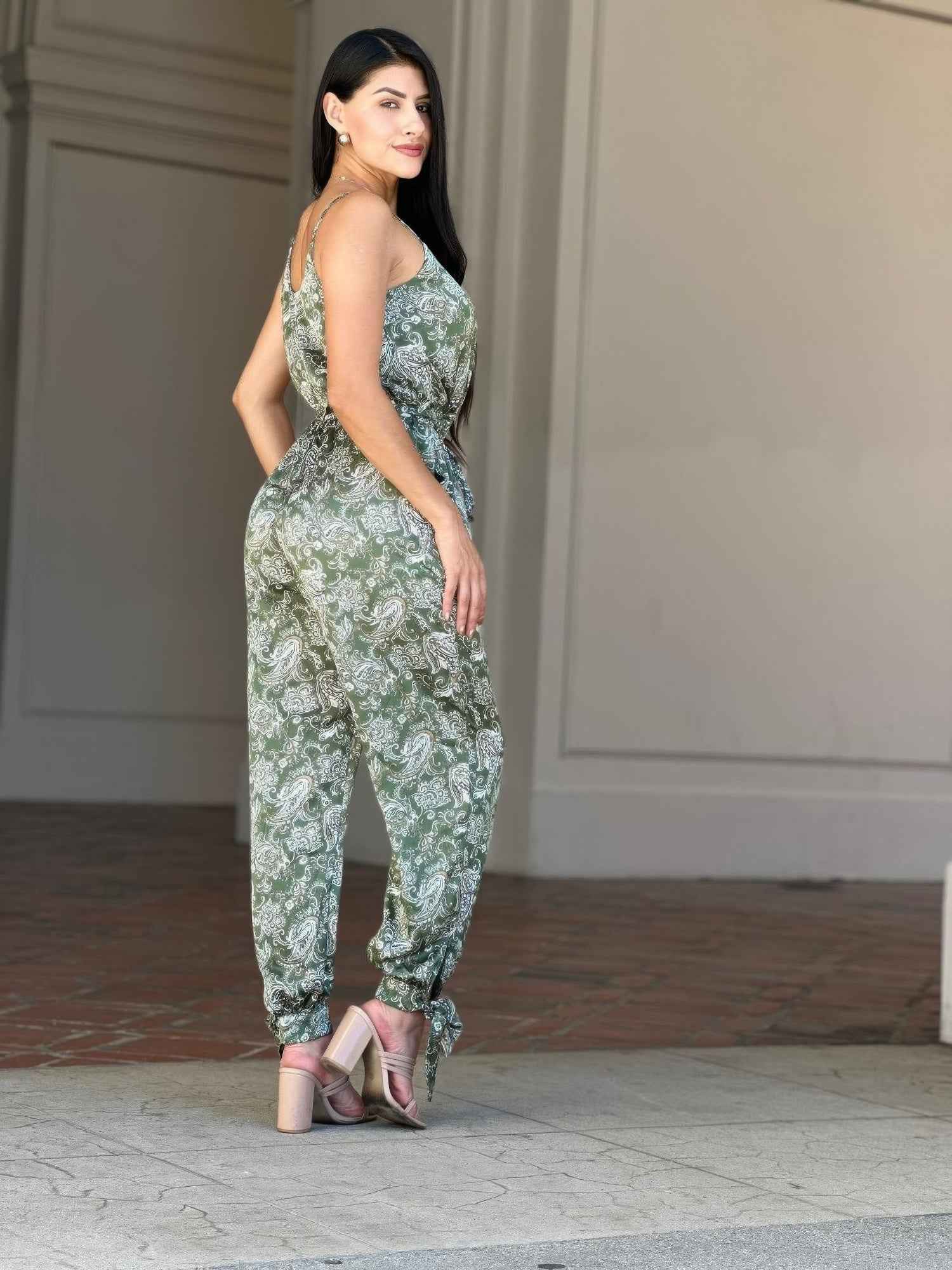 V Neck Sleeveless Paisley Jumpsuit With Tie Waist V Neck Sleeveless Paisley Jumpsuit With Tie Waist