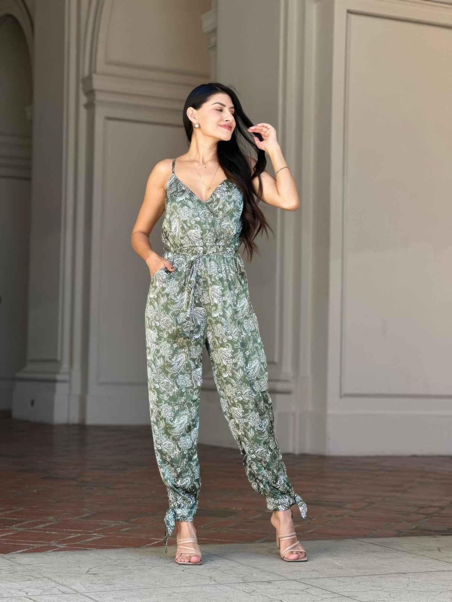 V Neck Sleeveless Paisley Jumpsuit With Tie Waist V Neck Sleeveless Paisley Jumpsuit With Tie Waist