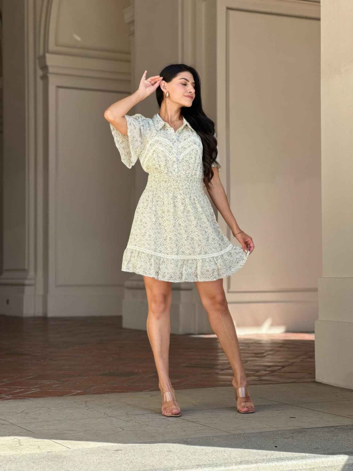 Floral Print Saffy Lace Smocking Waist Mini Dress Floral Print Saffy Lace Smocking Waist Mini Dress