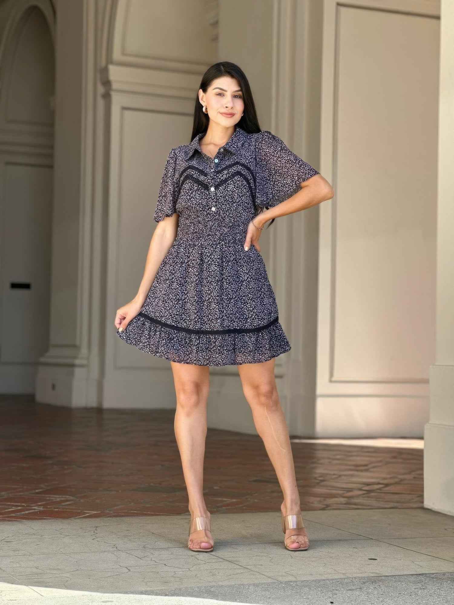 Floral Print Saffy Lace Smocking Waist Mini Dress Floral Print Saffy Lace Smocking Waist Mini Dress