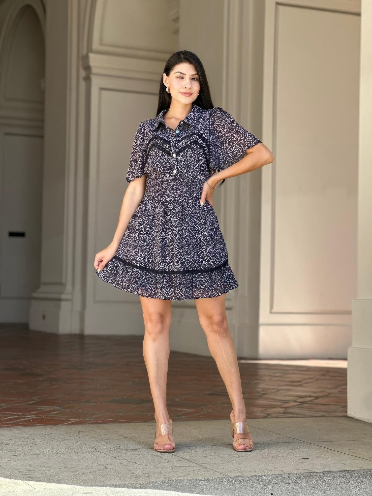 Floral Print Saffy Lace Smocking Waist Mini Dress product image