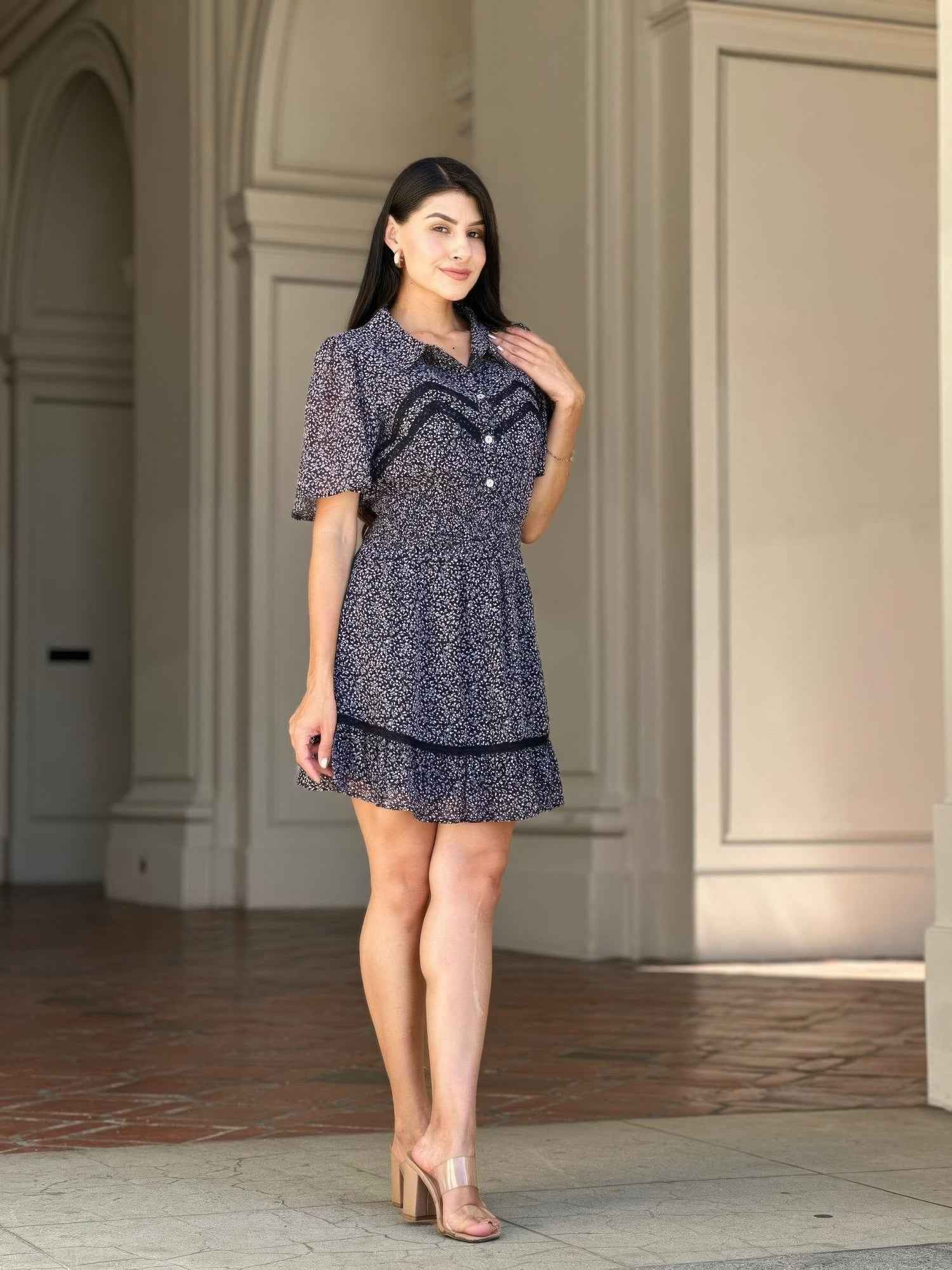 Floral Print Saffy Lace Smocking Waist Mini Dress Floral Print Saffy Lace Smocking Waist Mini Dress