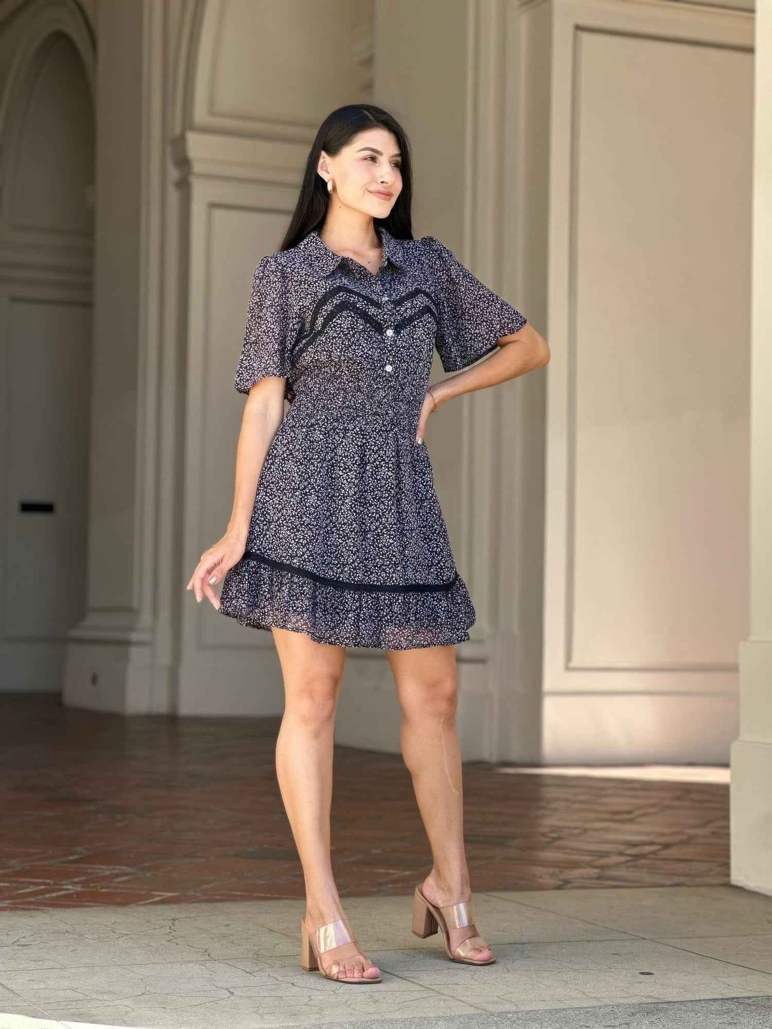 Floral Print Saffy Lace Smocking Waist Mini Dress Floral Print Saffy Lace Smocking Waist Mini Dress