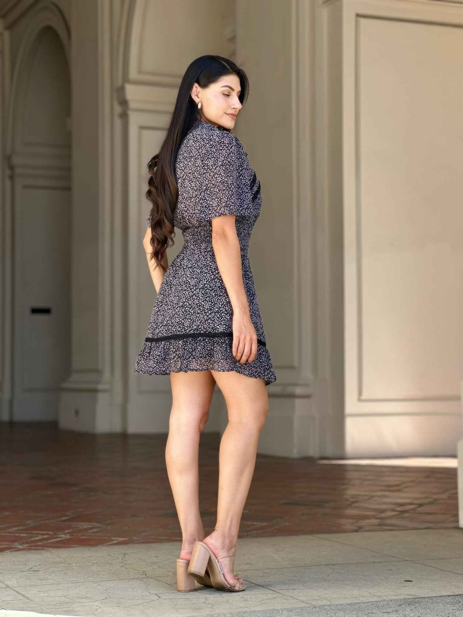 Floral Print Saffy Lace Smocking Waist Mini Dress Floral Print Saffy Lace Smocking Waist Mini Dress