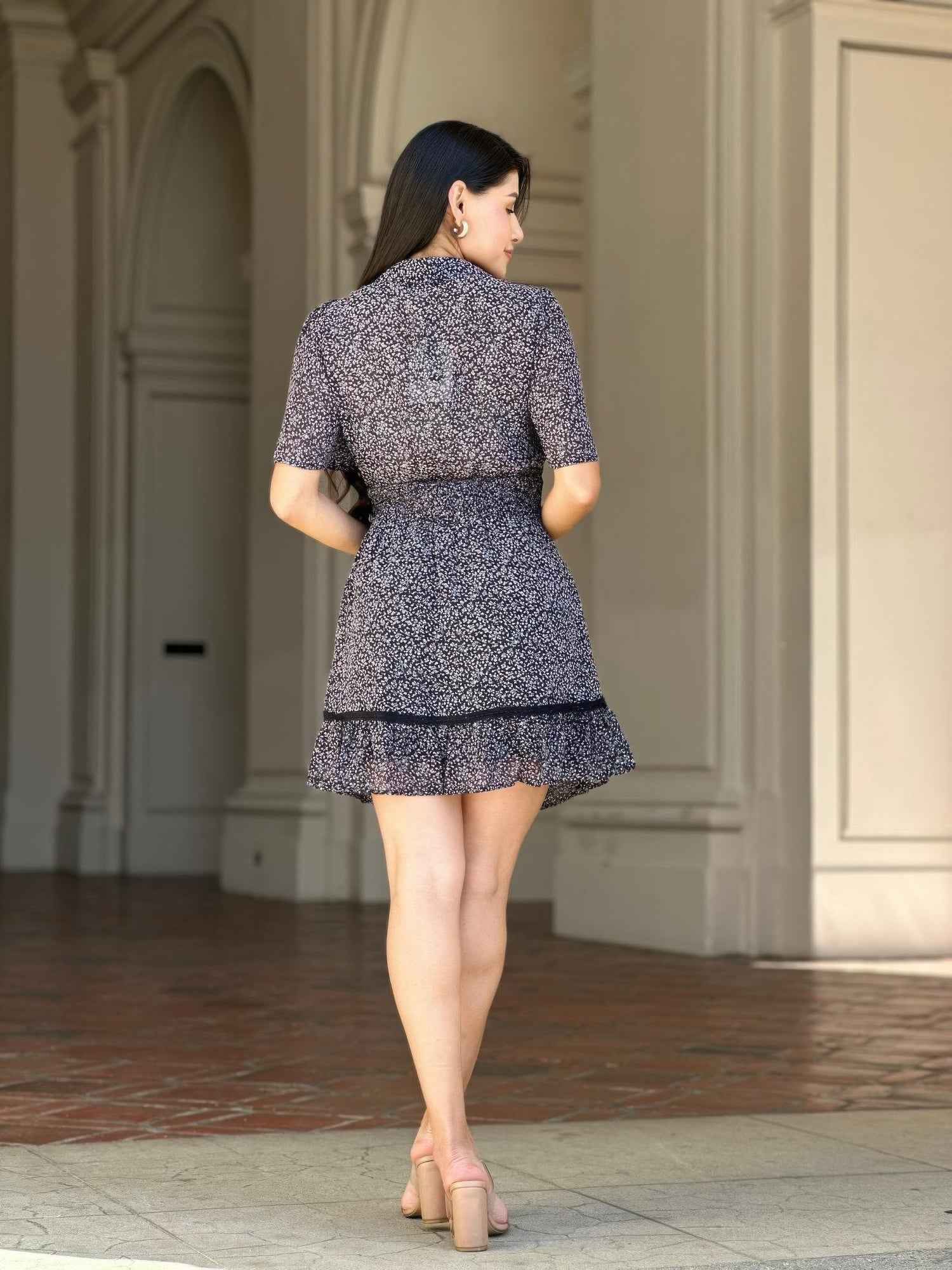 Floral Print Saffy Lace Smocking Waist Mini Dress Floral Print Saffy Lace Smocking Waist Mini Dress