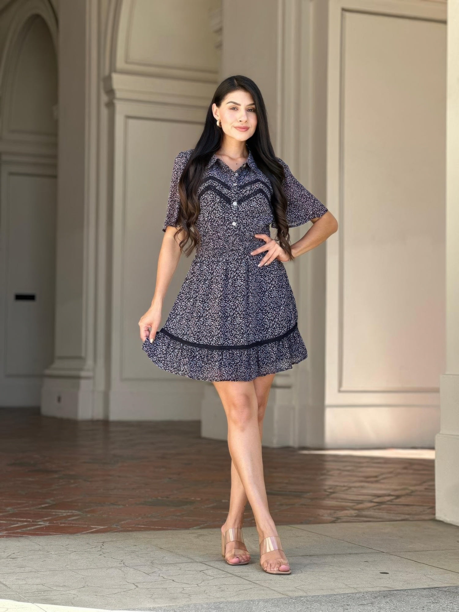 Floral Print Saffy Lace Smocking Waist Mini Dress product image