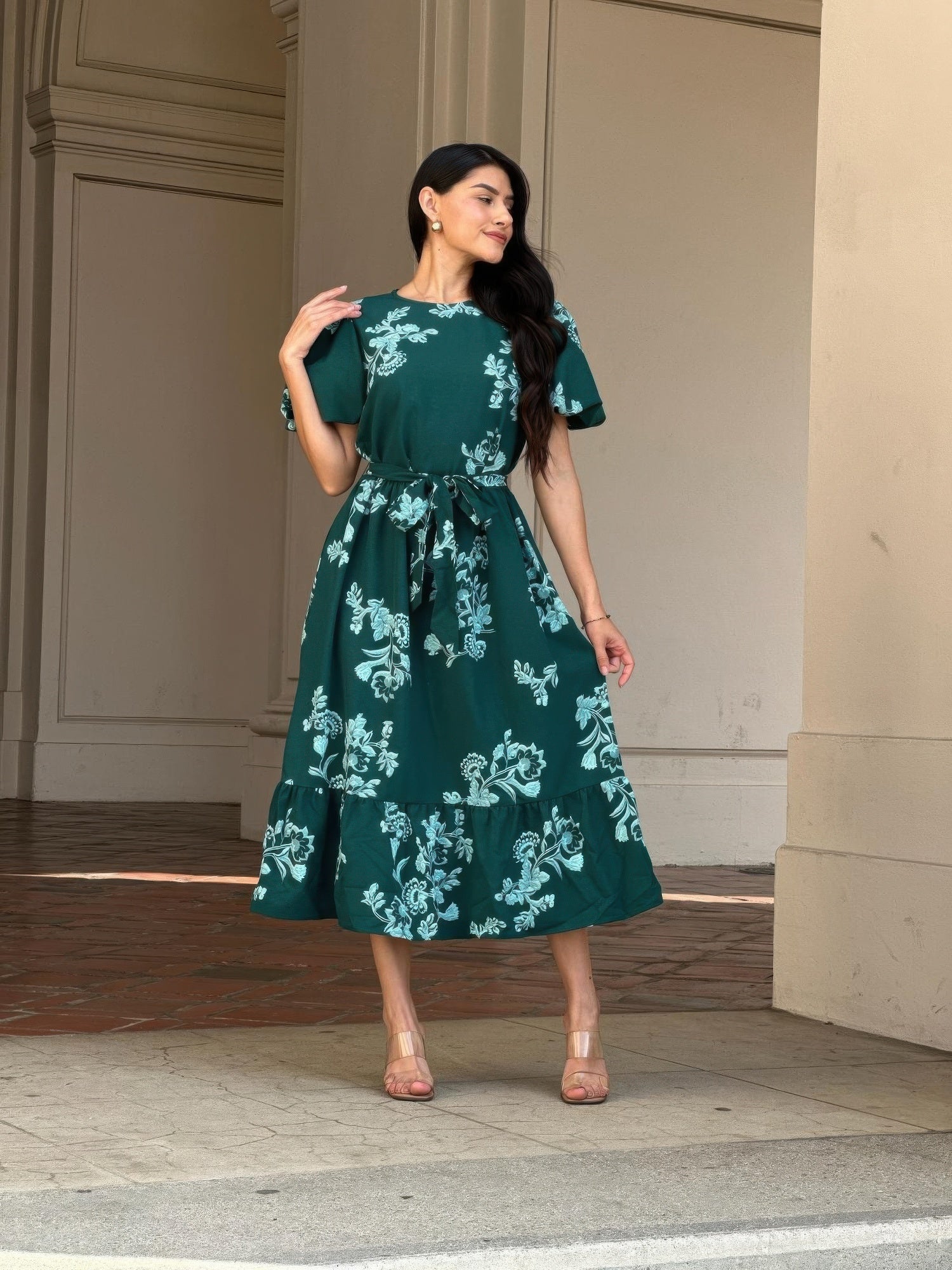 Belted Flare Floral Print Cap Sleeve Midi Dress product image
