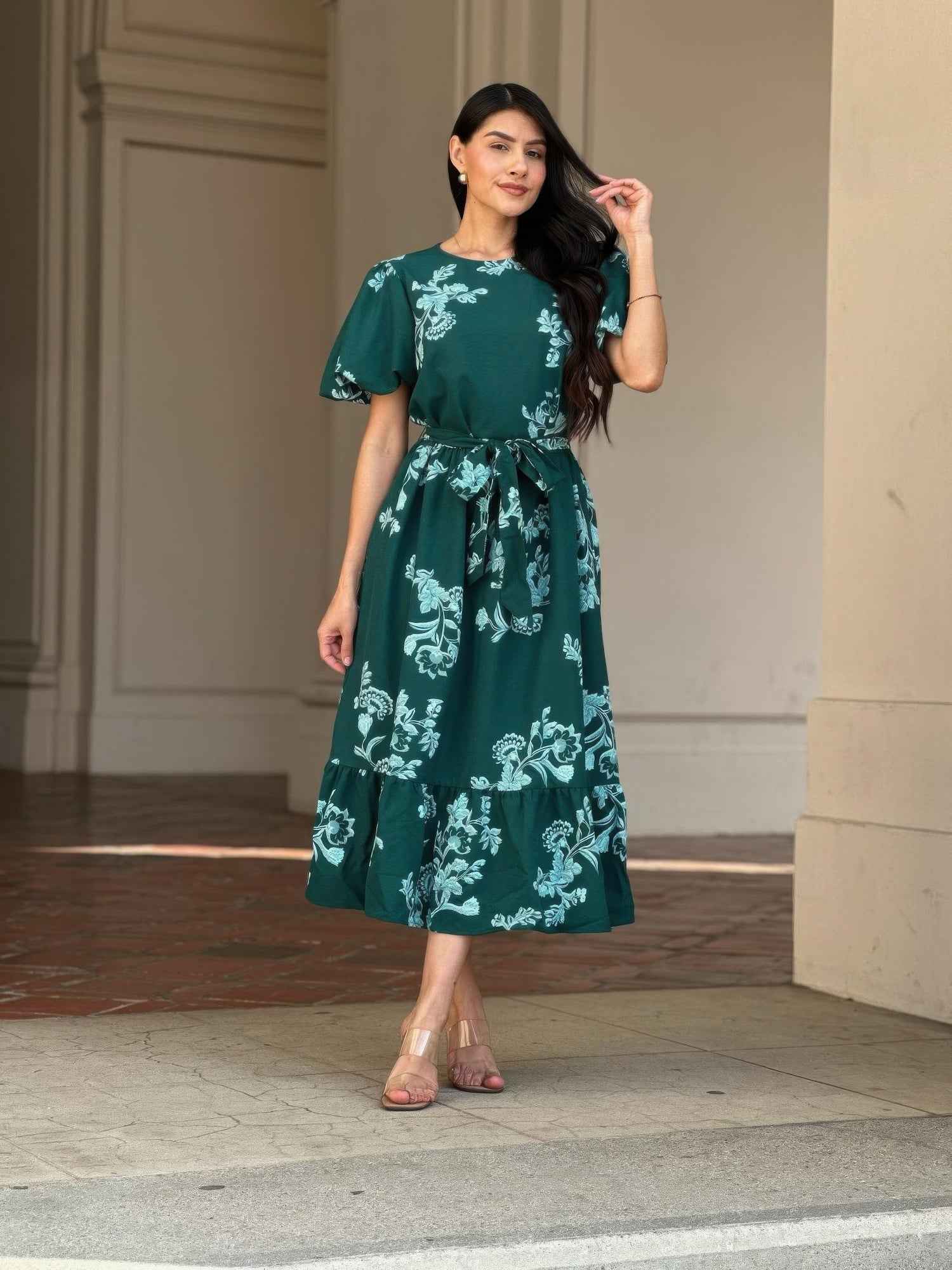 Belted Flare Floral Print Cap Sleeve Midi Dress Belted Flare Floral Print Cap Sleeve Midi Dress