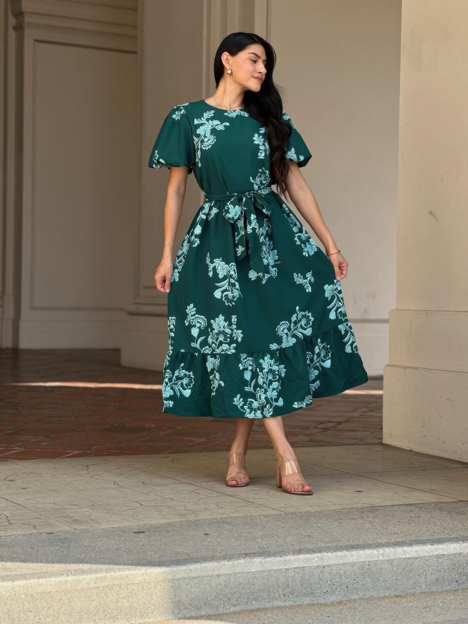 Belted Flare Floral Print Cap Sleeve Midi Dress product image