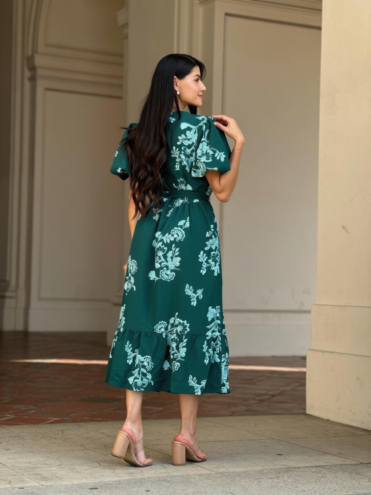 Belted Flare Floral Print Cap Sleeve Midi Dress product image