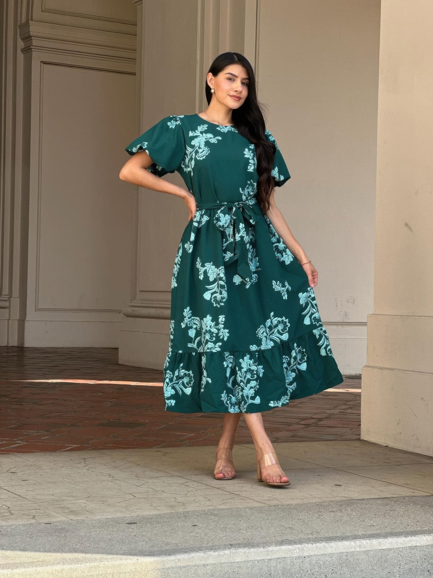 Belted Flare Floral Print Cap Sleeve Midi Dress product image