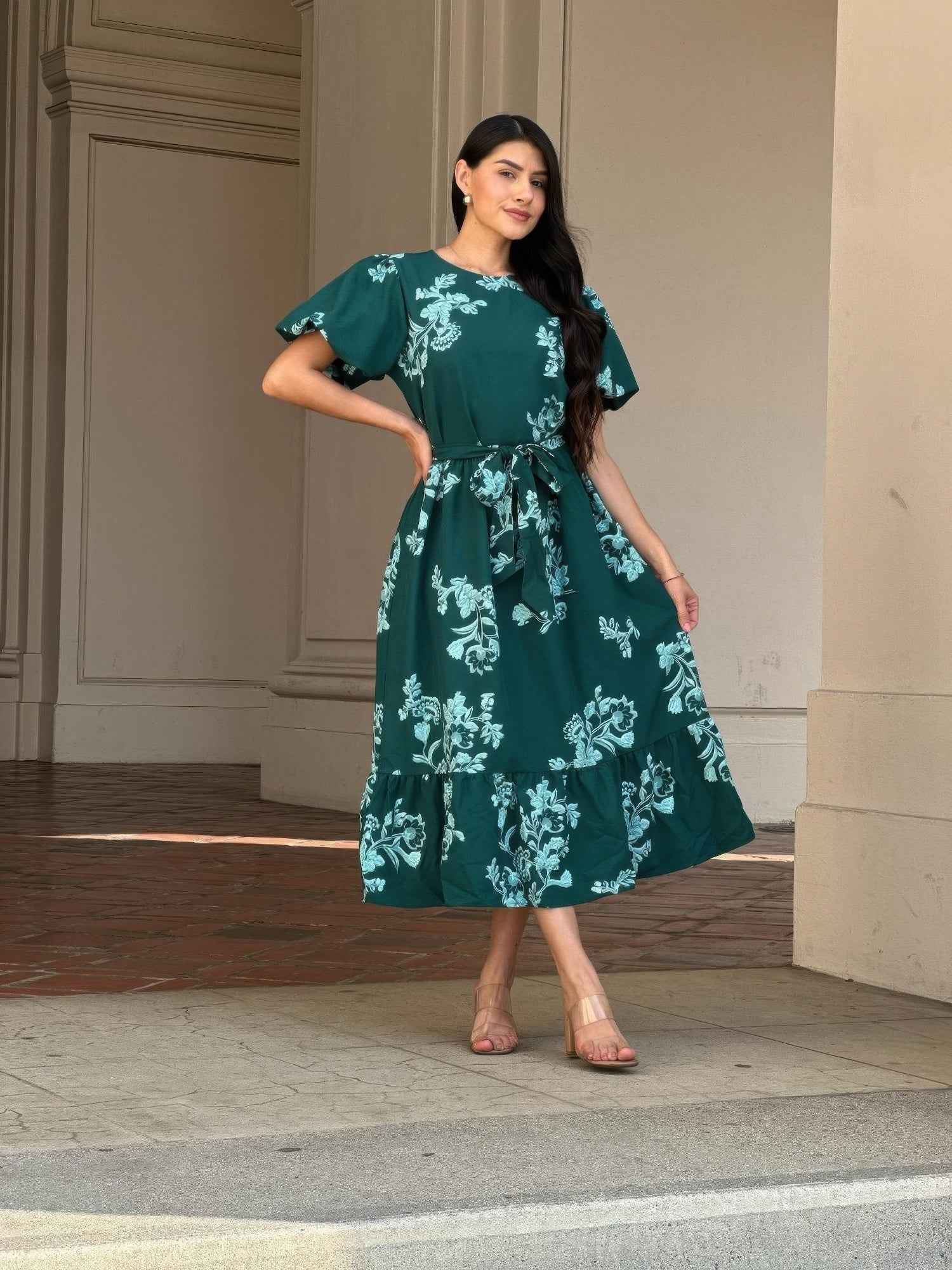 Belted Flare Floral Print Cap Sleeve Midi Dress Belted Flare Floral Print Cap Sleeve Midi Dress