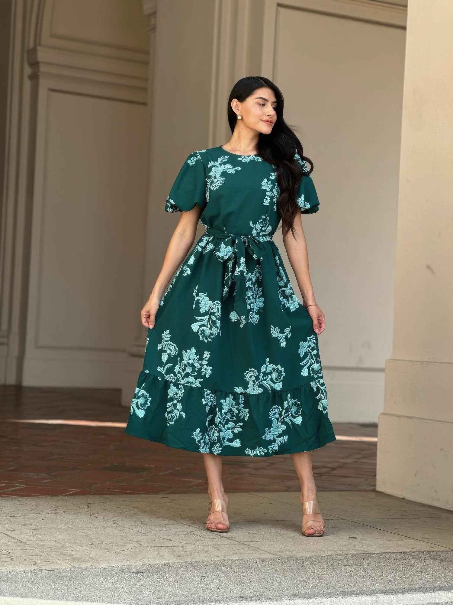 Belted Flare Floral Print Cap Sleeve Midi Dress Belted Flare Floral Print Cap Sleeve Midi Dress