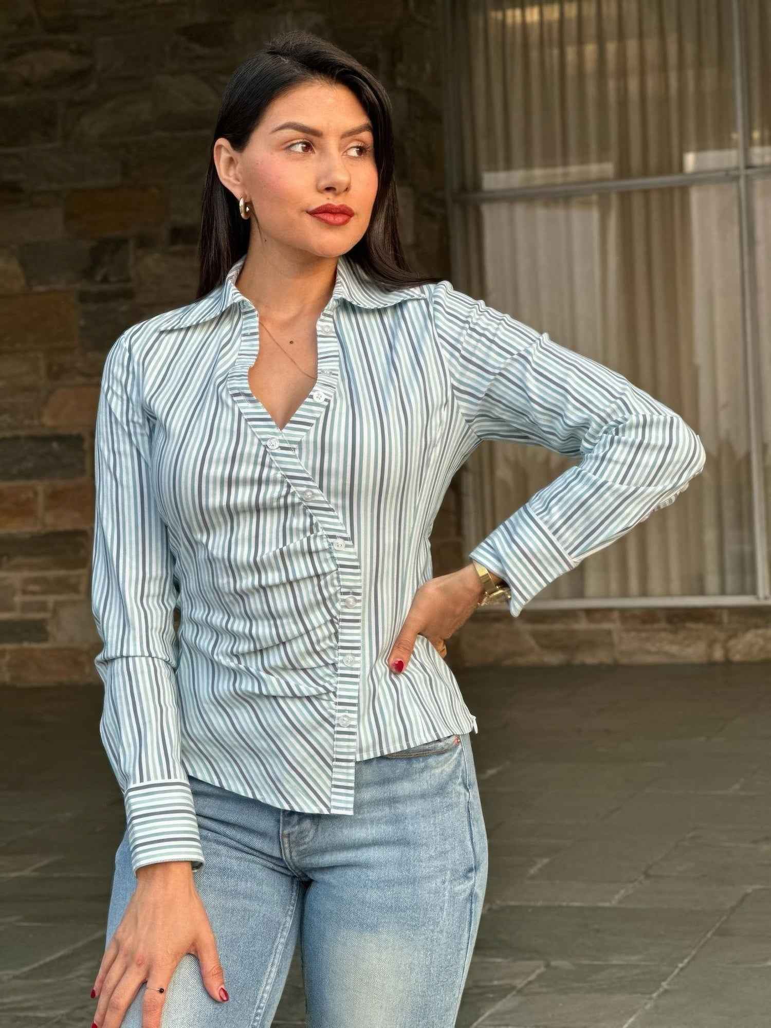 Stripe Asymmetric Button-down Detail Ls Blouse Stripe Asymmetric Button-down Detail Ls Blouse