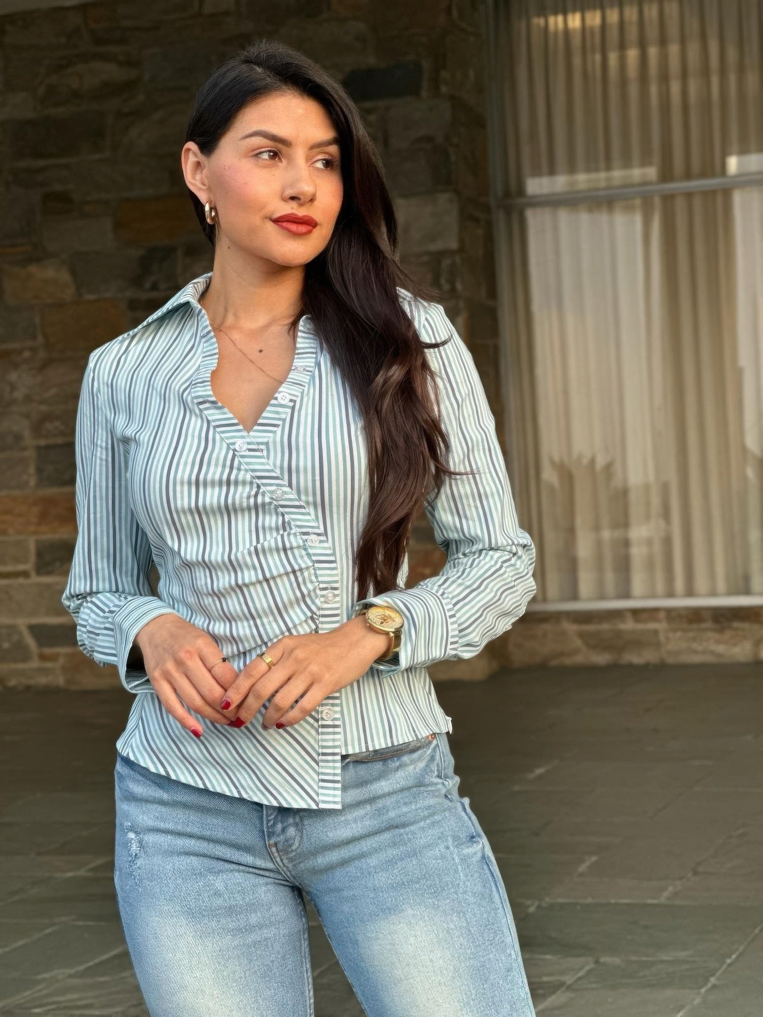 Stripe Asymmetric Button-down Detail Ls Blouse product image