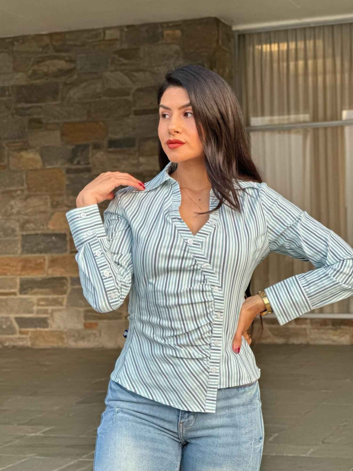 Stripe Asymmetric Button-down Detail Ls Blouse Stripe Asymmetric Button-down Detail Ls Blouse