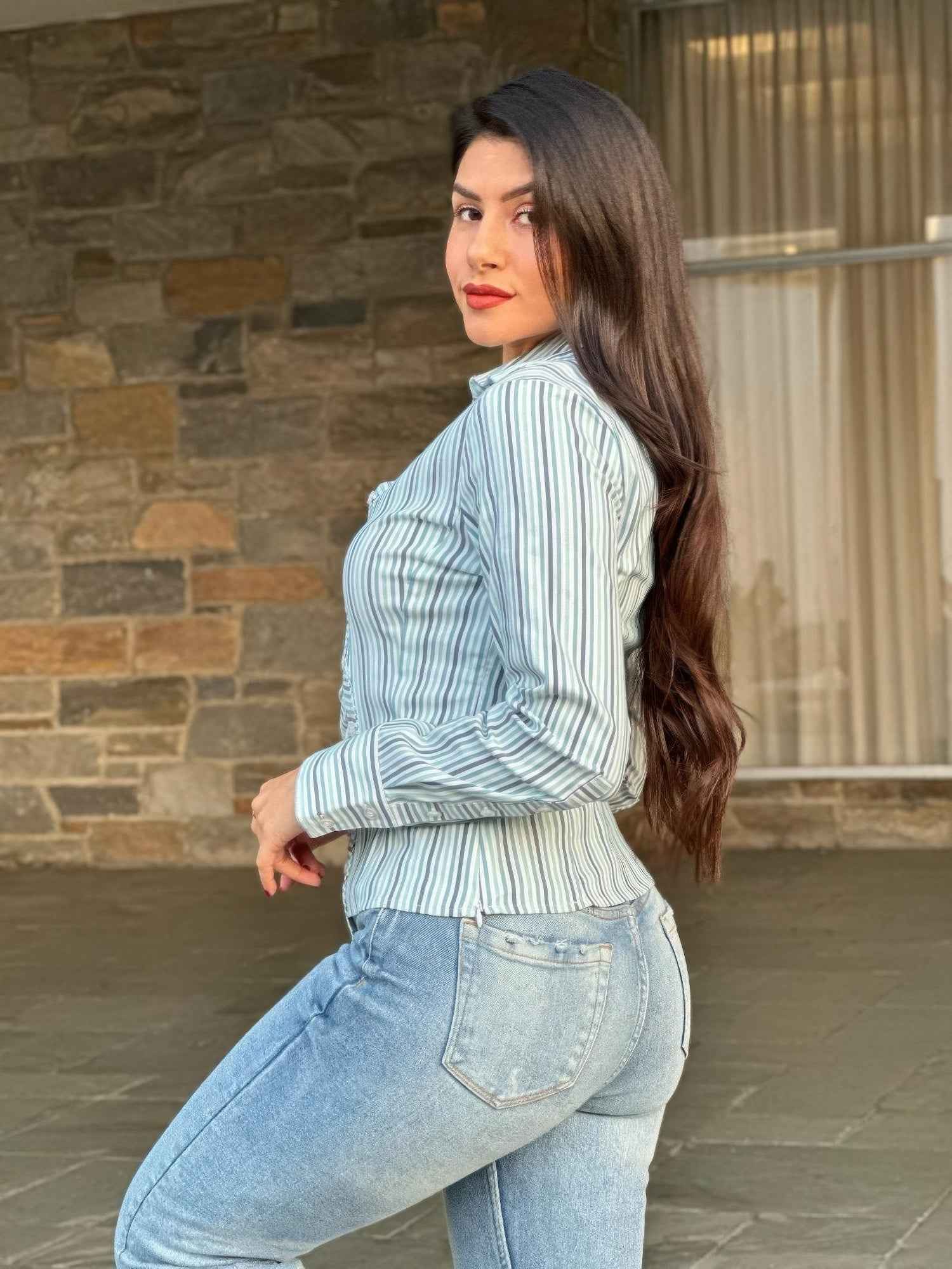 Stripe Asymmetric Button-down Detail Ls Blouse Stripe Asymmetric Button-down Detail Ls Blouse