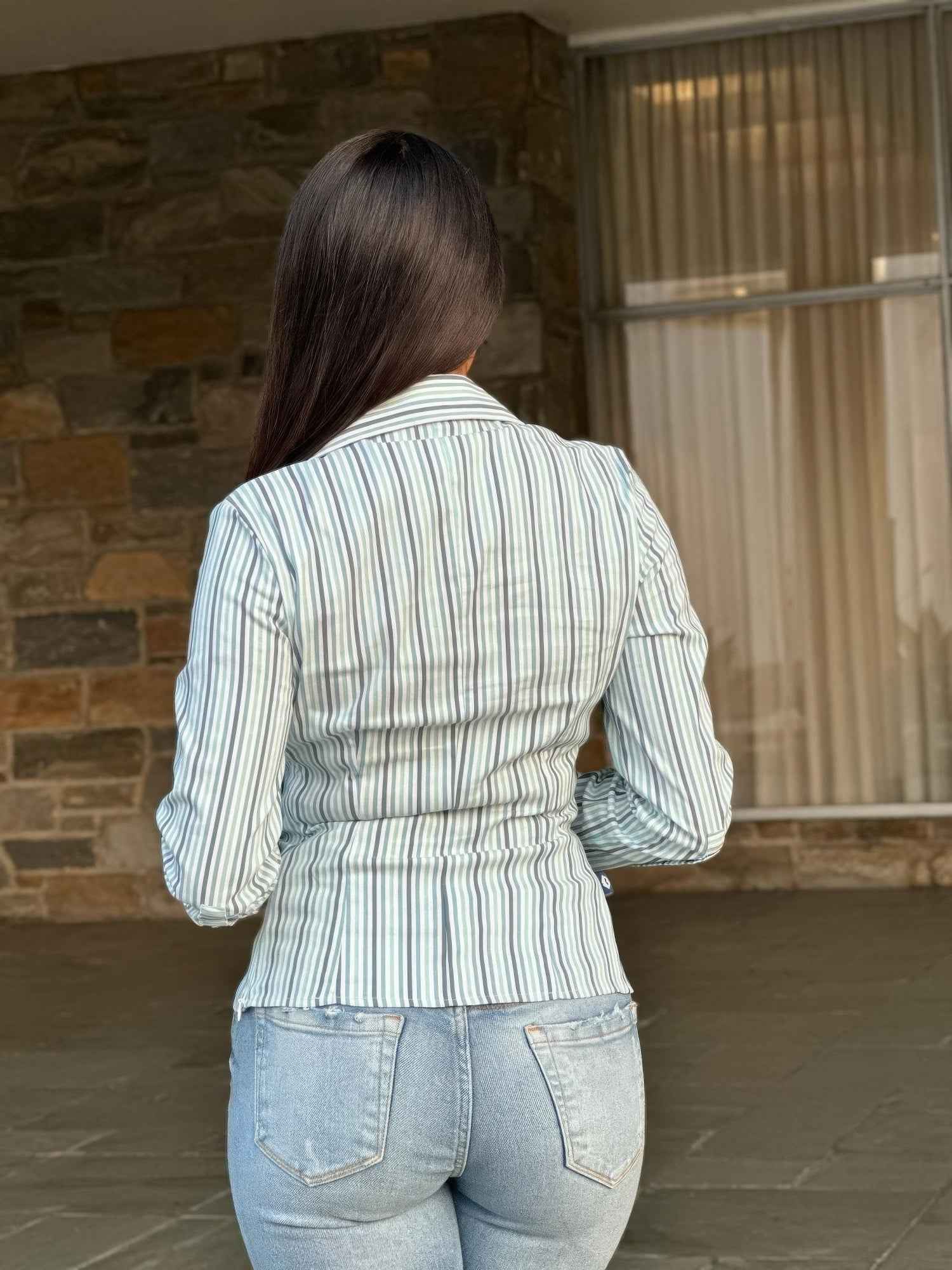 Stripe Asymmetric Button-down Detail Ls Blouse Stripe Asymmetric Button-down Detail Ls Blouse