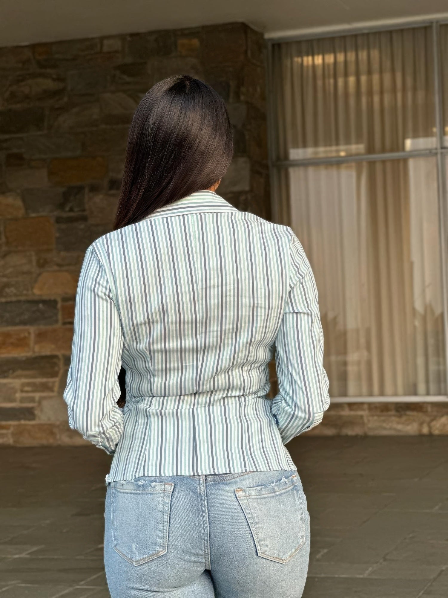 Stripe Asymmetric Button-down Detail Ls Blouse product image