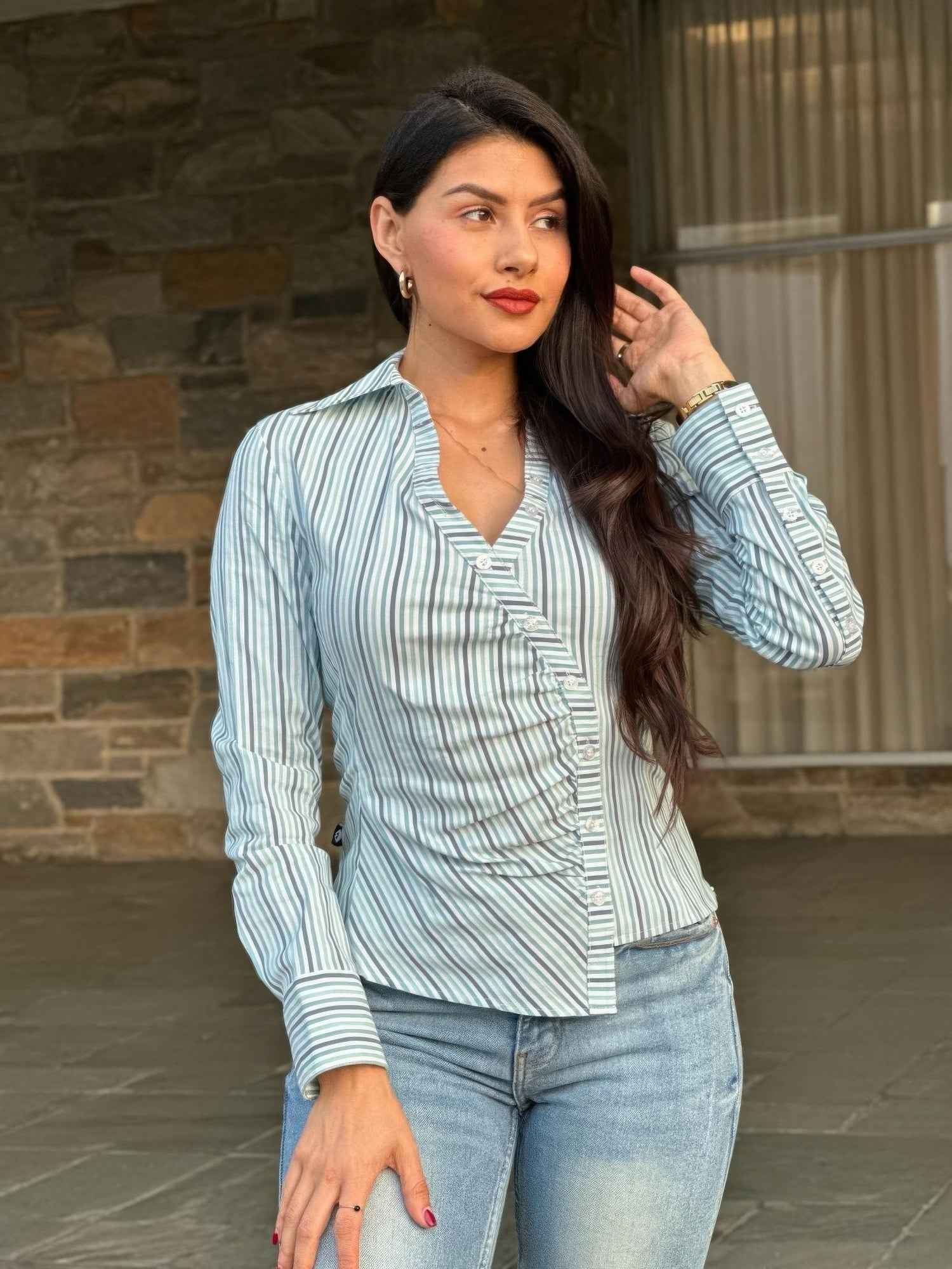 Stripe Asymmetric Button-down Detail Ls Blouse Stripe Asymmetric Button-down Detail Ls Blouse