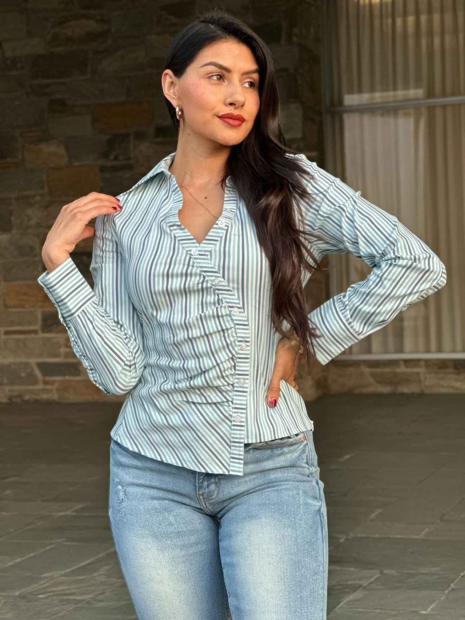 Stripe Asymmetric Button-down Detail Ls Blouse Stripe Asymmetric Button-down Detail Ls Blouse