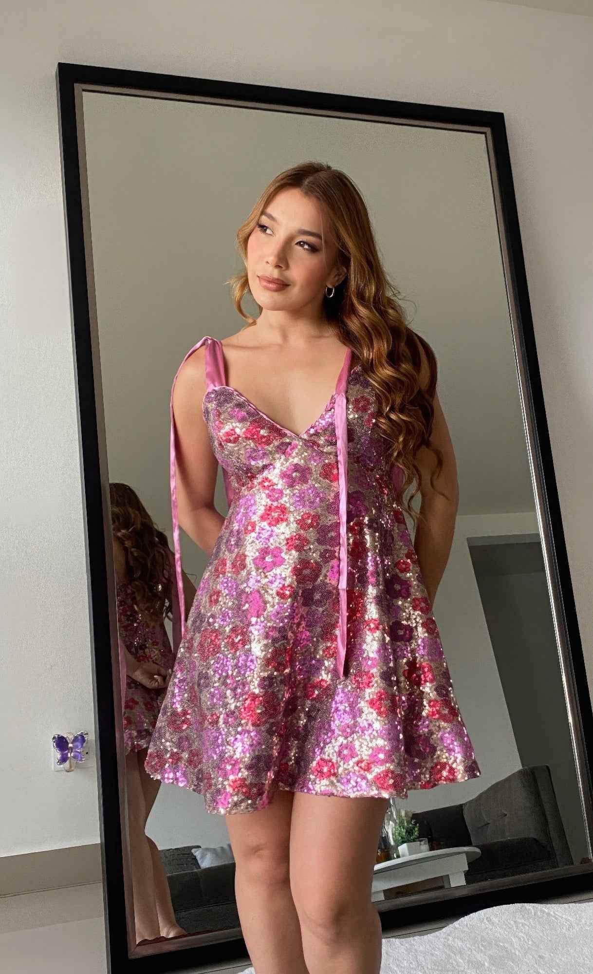 Women's Sequin Floral Mini Dress Ties On Shoulders Women's Sequin Floral Mini Dress Ties On Shoulders